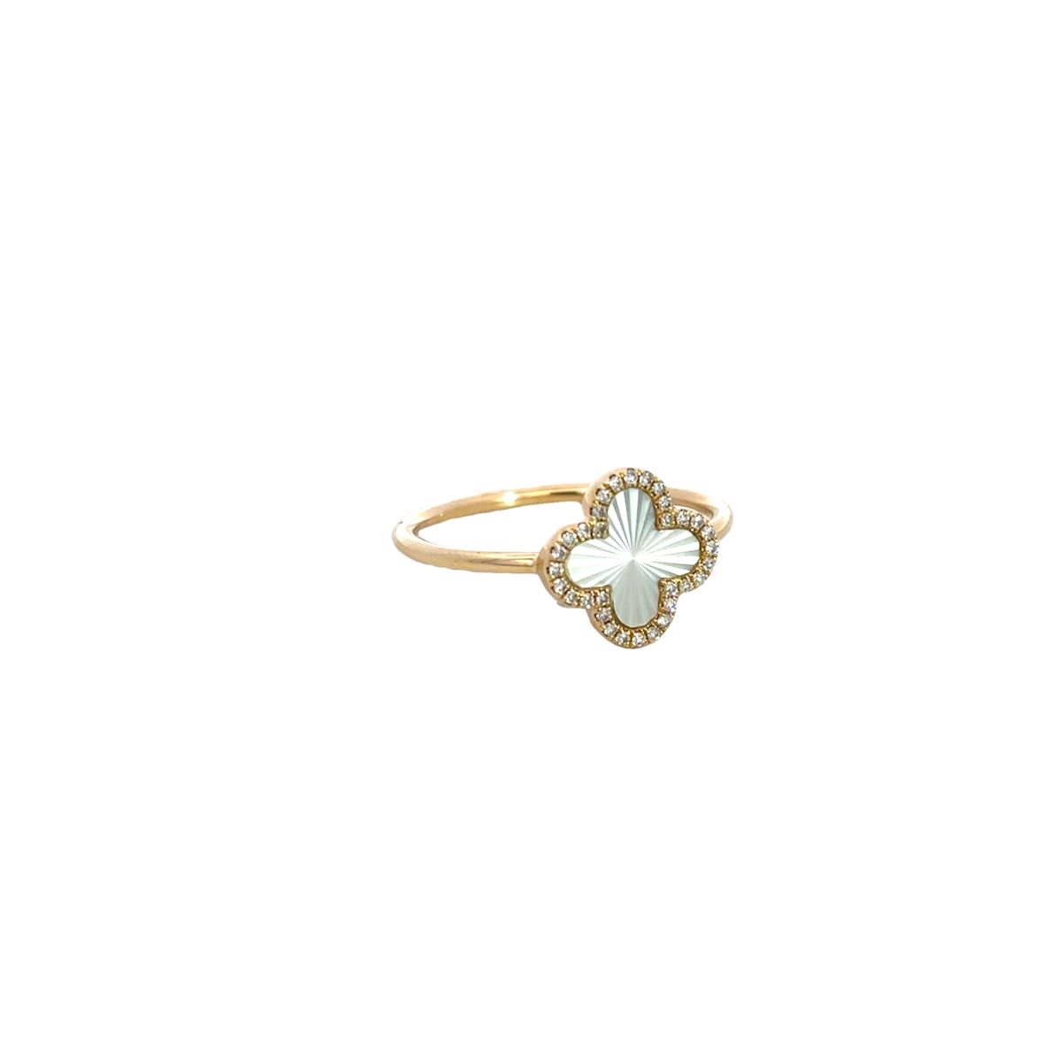 MOTHER OF PEARL CLOVER RING WITH DIAMOND HALO SET IN 14K YELLOW GOLD