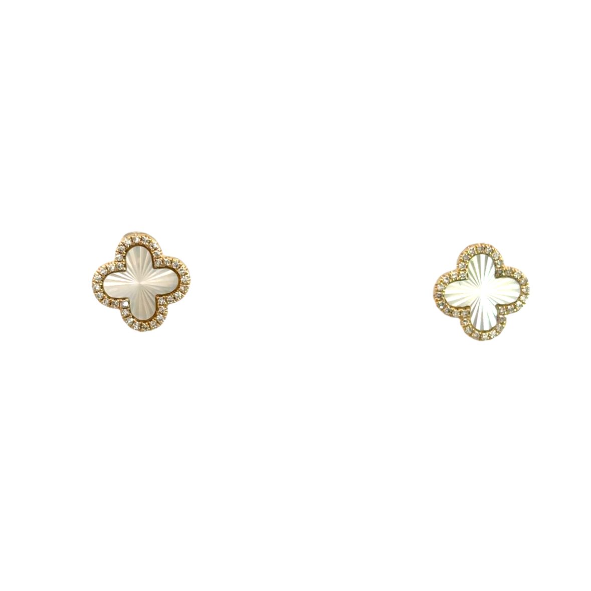 MOTHER OF PEARL AND DIAMOND CLOVER EARRINGS SET IN 14K YELLOW GOLD