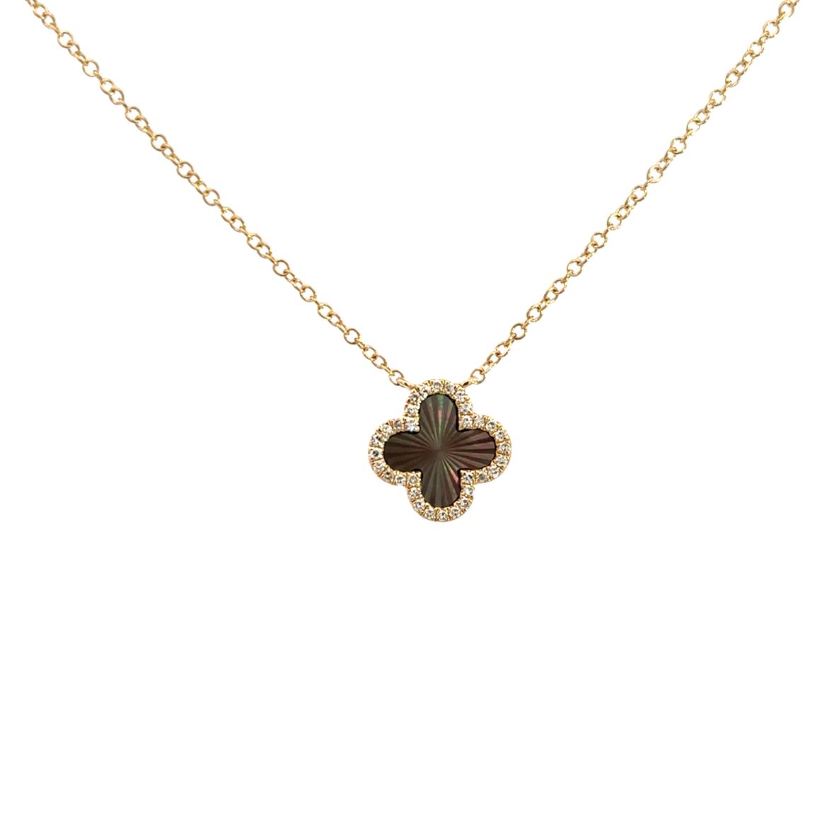 BLACK MOTHER OF PEARL CLOVER WITH DIAMOND HALO NECKLACE SET IN 14K YELLOW GOLD