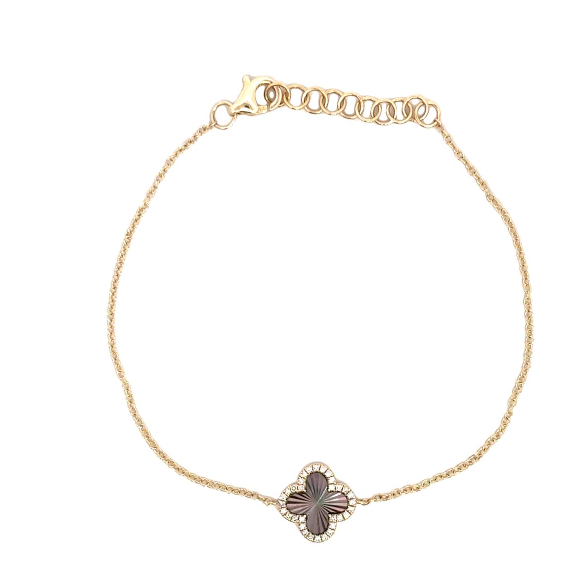 BLACK MOTHER OF PEARL CLOVER BRACELET WITH DIAMOND HALO SET IN 14K YELLOW GOLD