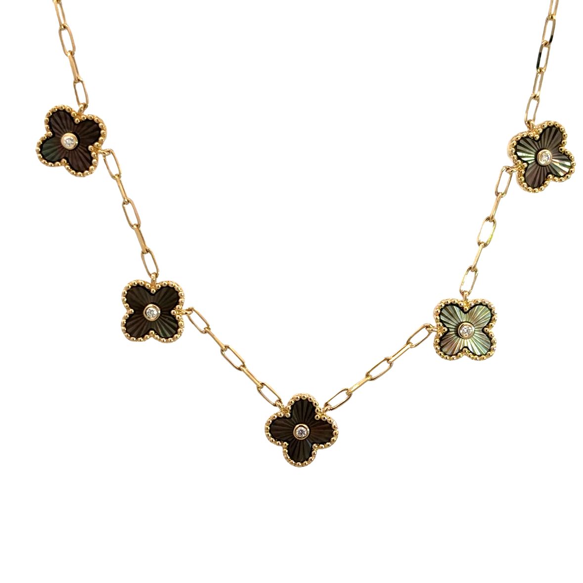 BLACK MOTHER OF PEARL CLOVERS WITH DIAMOND ACCENT NECKLACE SET IN 14K YELLOW GOLD