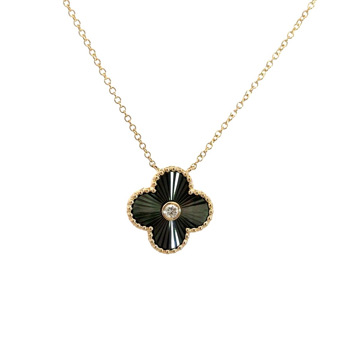 BLACK MOTHER OF PEARL BIG CLOVER WITH DIAMOND ACCENT NECKLACE SET IN 14K YELLOW GOLD