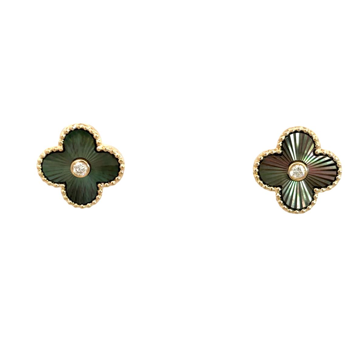 BLACK MOTHER OF PEARL CLOVER WITH DIAMOND ACCENT EARRINGS SET IN 14K YELLOW GOLD