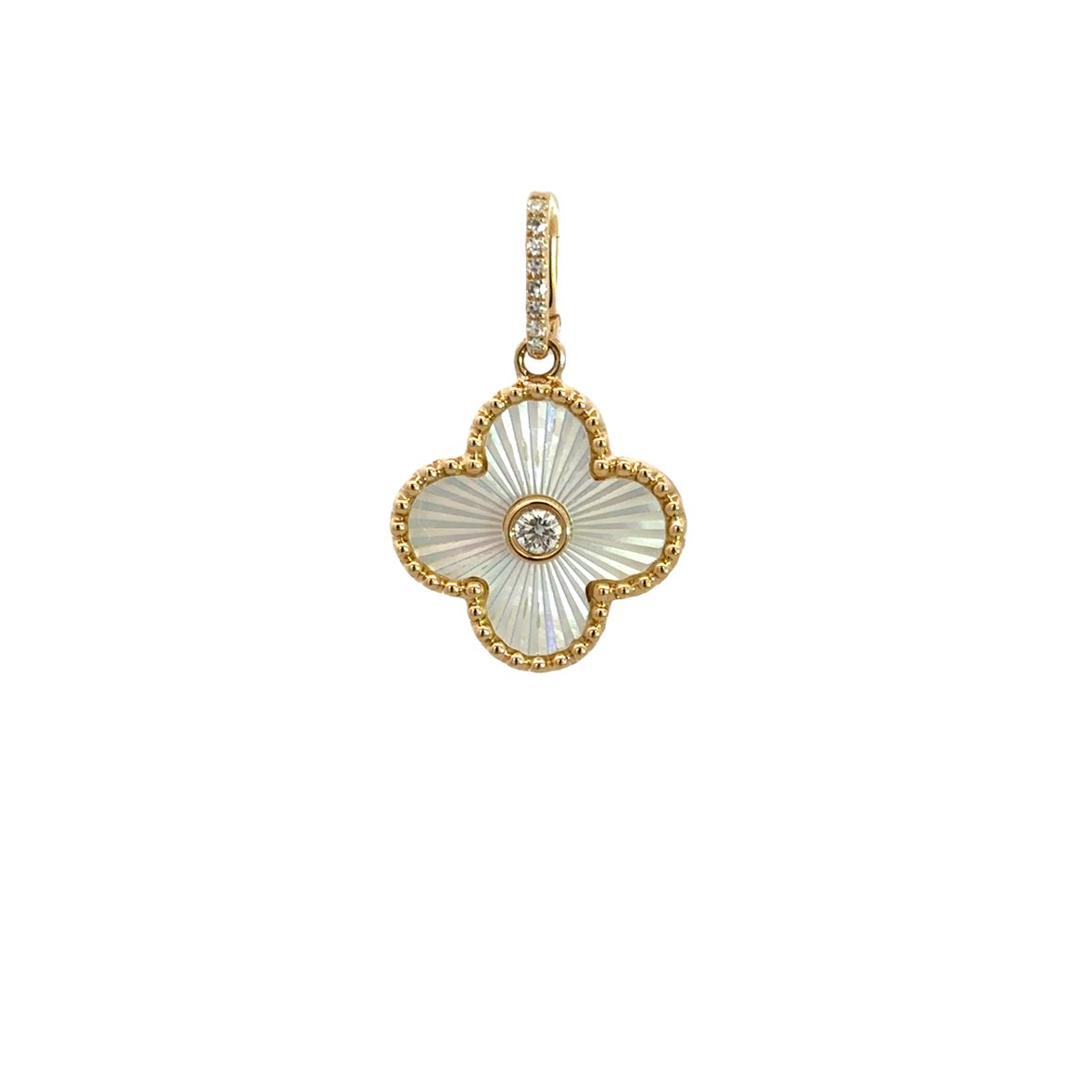 MOTHER OF PEARL CLOVER WITH DIAMOND ACCENT CHARM SET IN 14K YELLOW GOLD