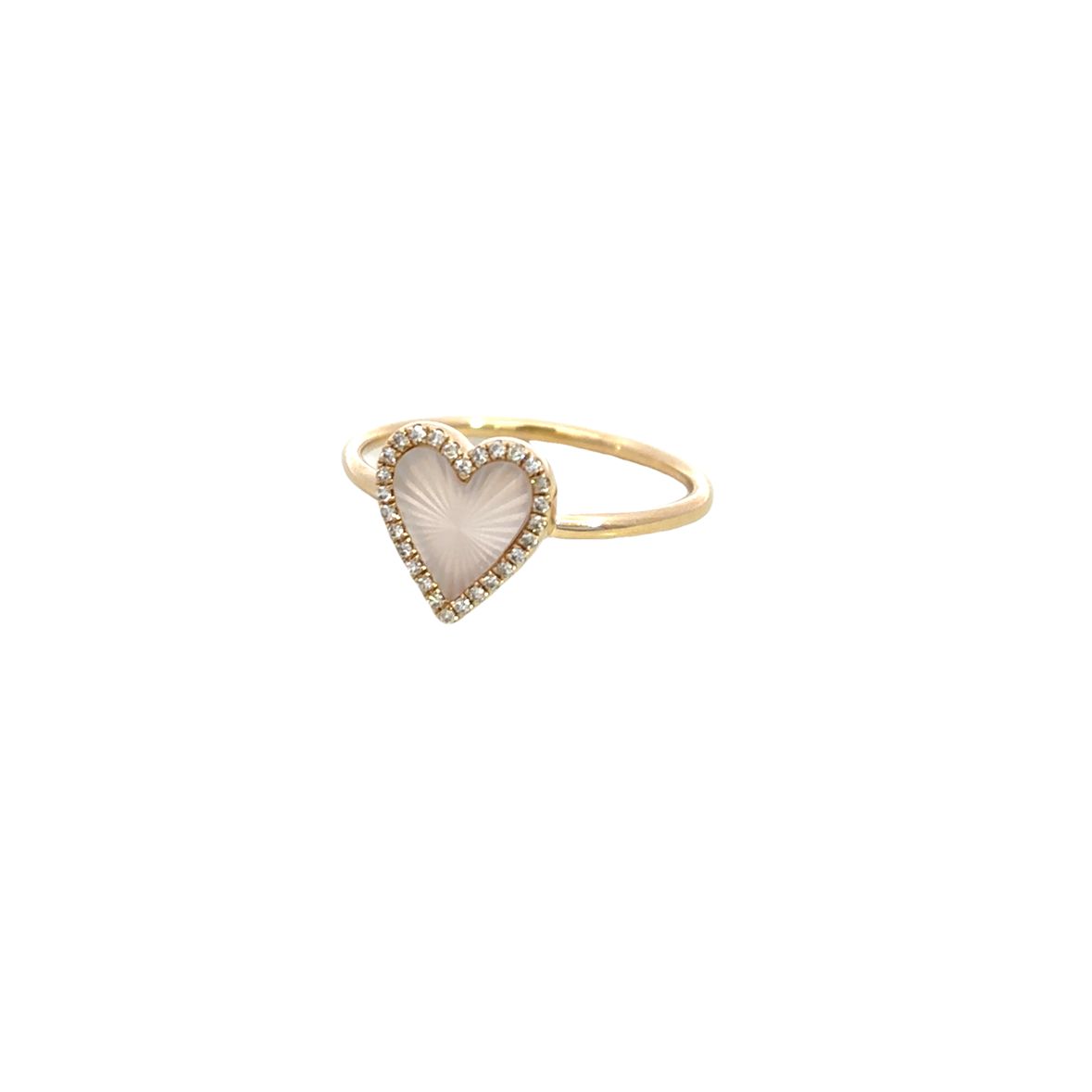 MOTHER OF PEARL HEART RING WITH DIAMOND HALO SET IN 14K YELLOW GOLD