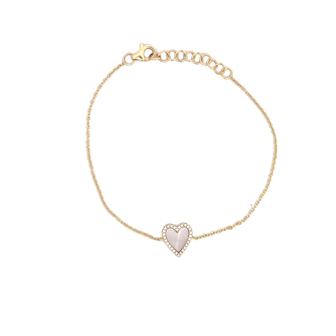 MOTHER OF PEARL HEART WITH DIAMOND HALO BRACELET SET IN 14K YELLOW GOLD