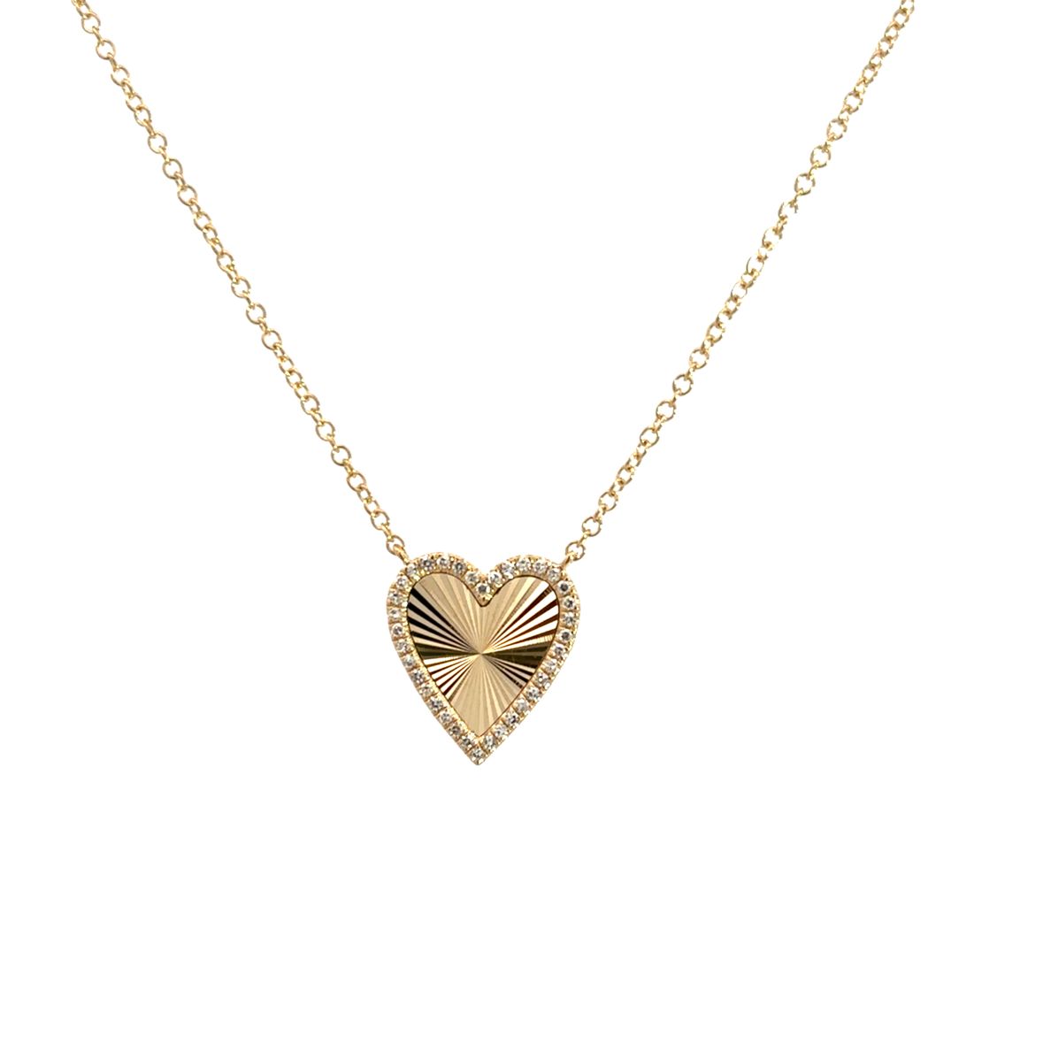 TEXTURED HEART WITH DIAMOND HALO NECKLACE SET IN 14K YELLOW GOLD