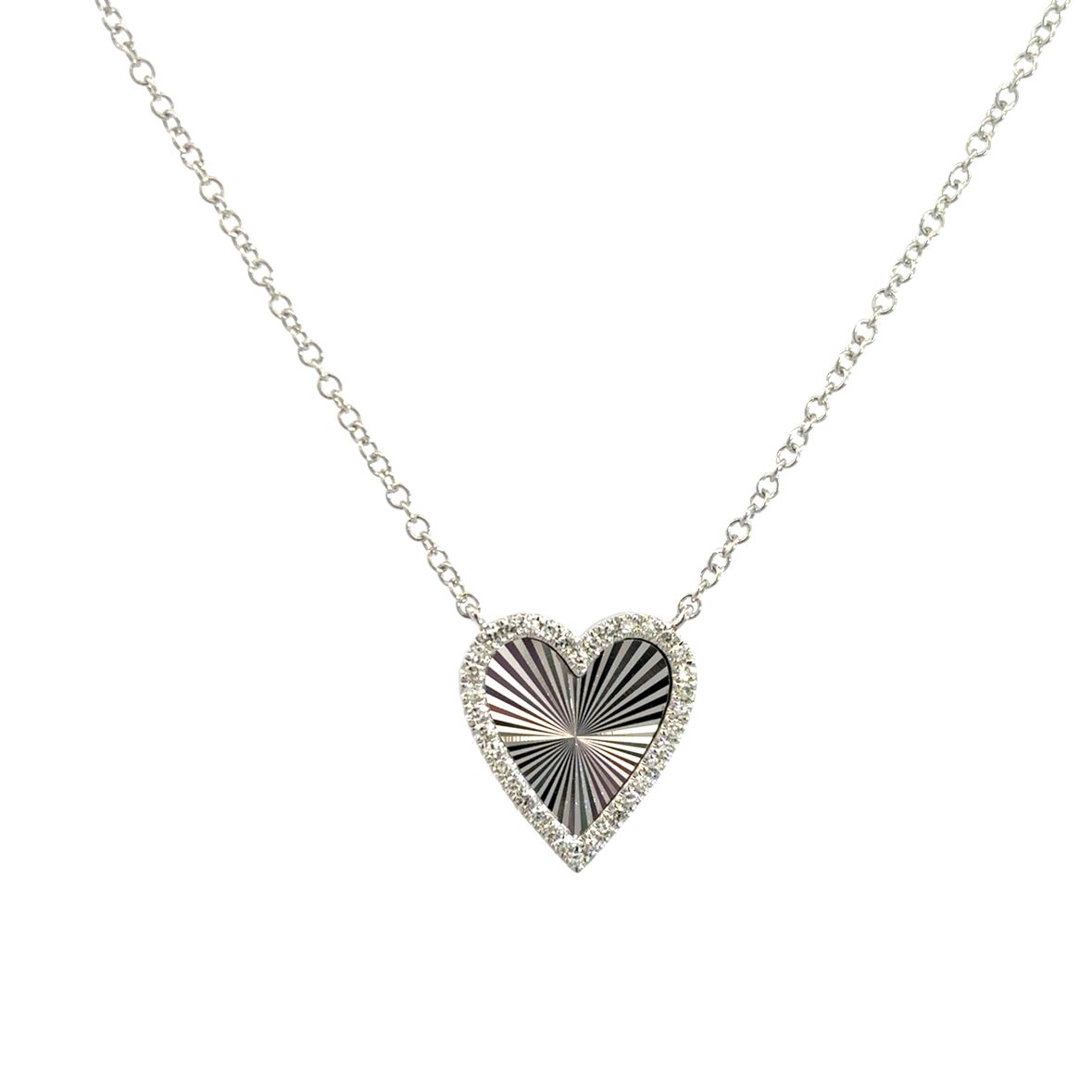 TEXTURED HEART WITH DIAMOND HALO NECKLACE SET IN 14K WHITE GOLD