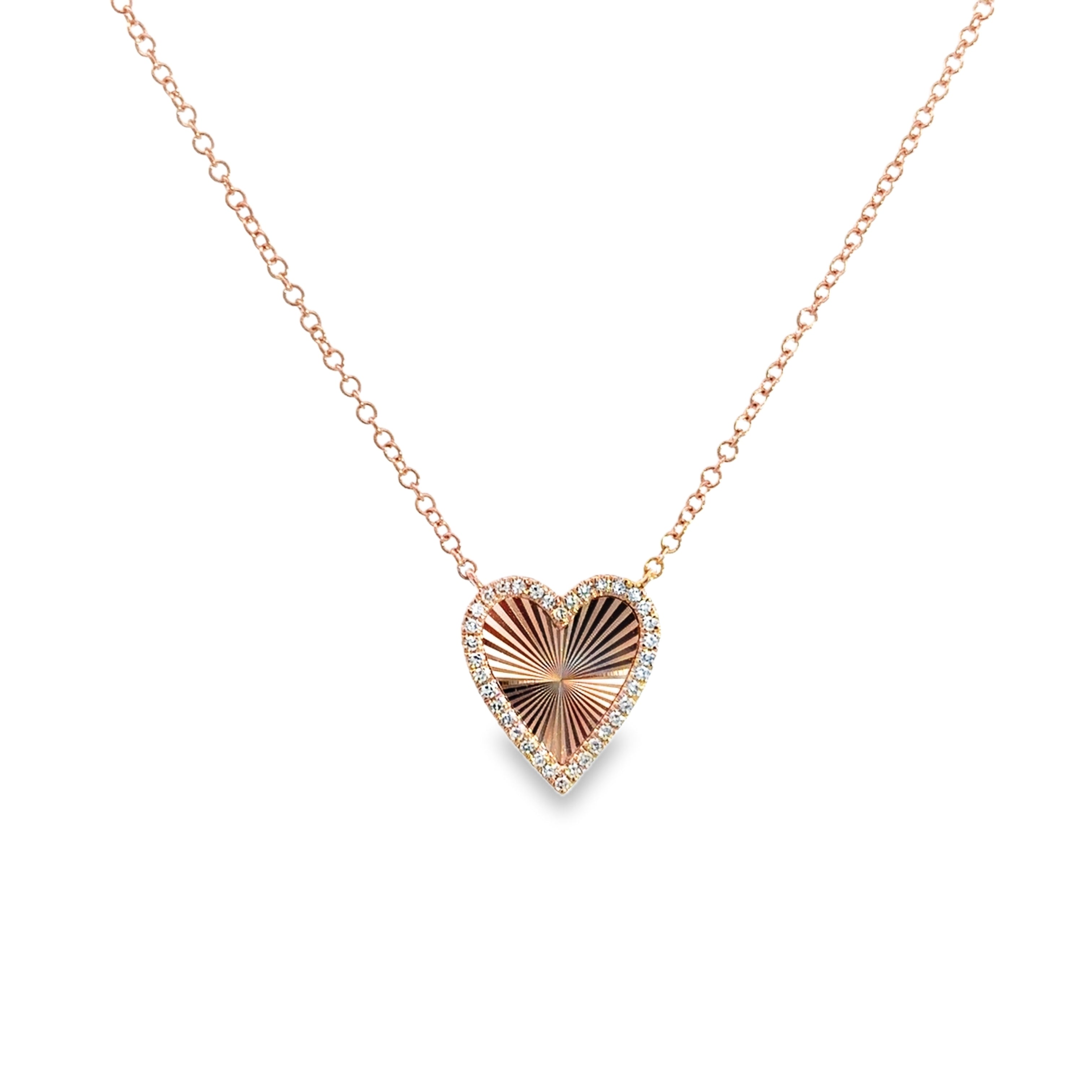 TEXTURED HEART WITH DIAMOND HALO NECKLACE SET IN 14K ROSE GOLD