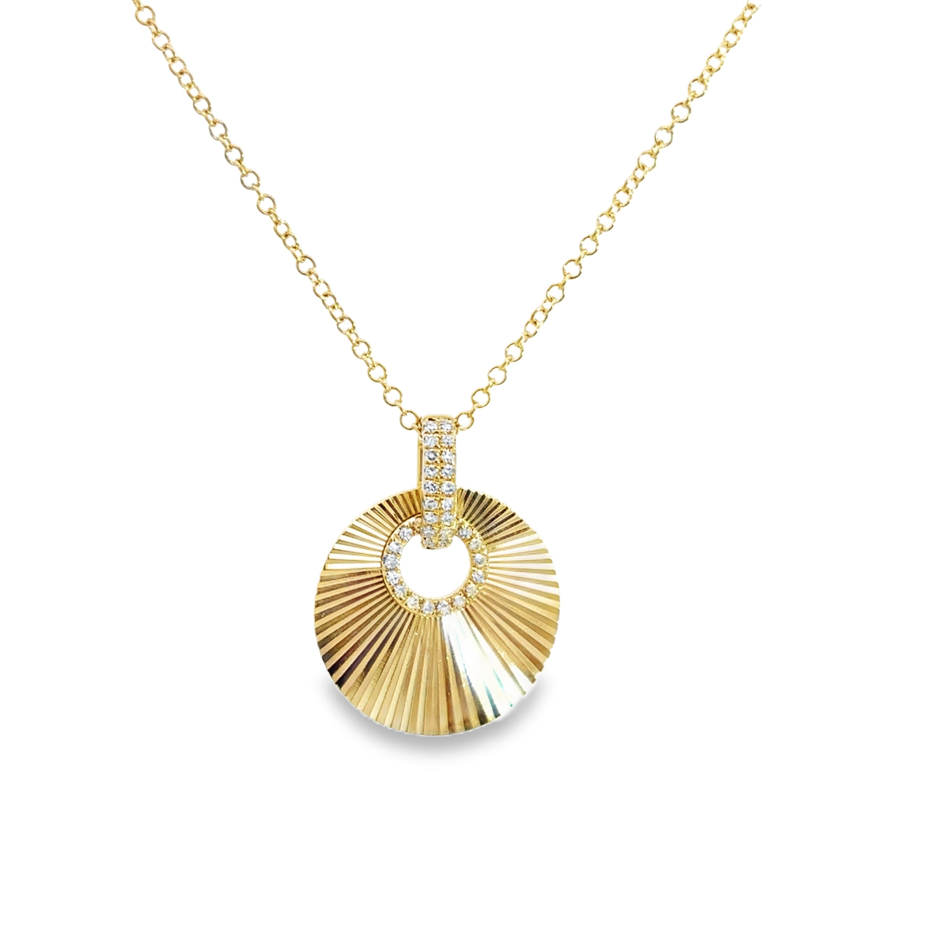 DIAMOND TEXTURED CIRCLE NECKLACE SET IN 14K YELLOW GOLD