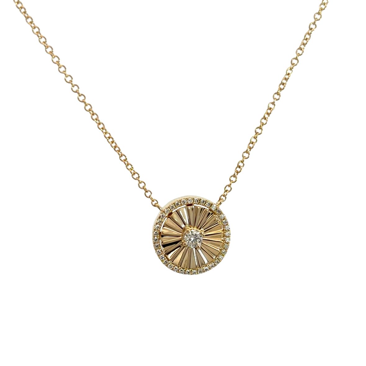 TEXTURED COIN WITH DIAMOND ACCENT NECKLACE SET IN 14K YELLOW GOLD