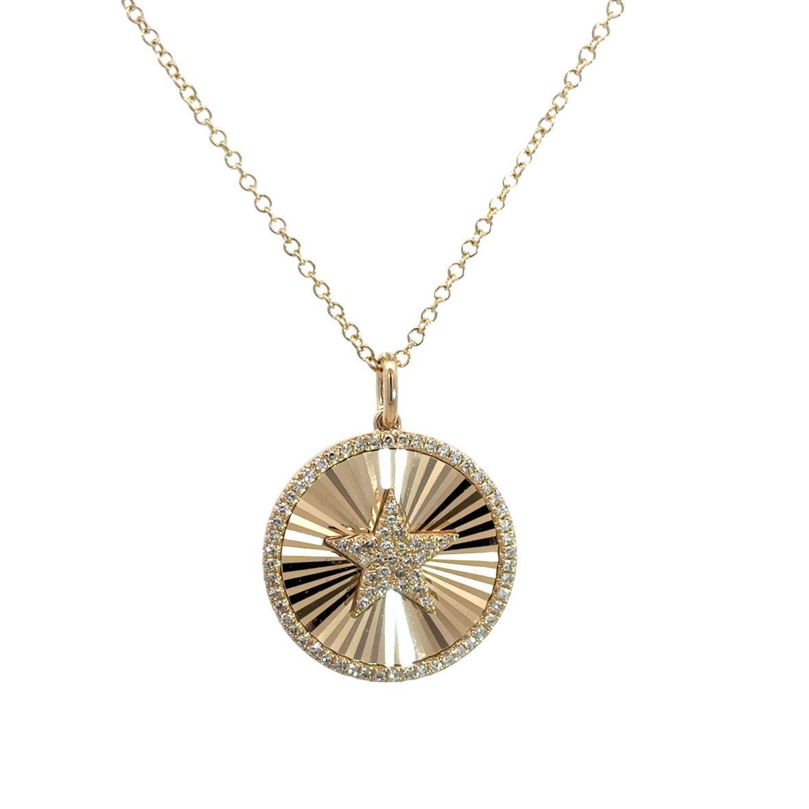 DIAMOND STAR PAVÉ ON TEXTURED COIN NECKLACE SET IN 14K YELLOW GOLD