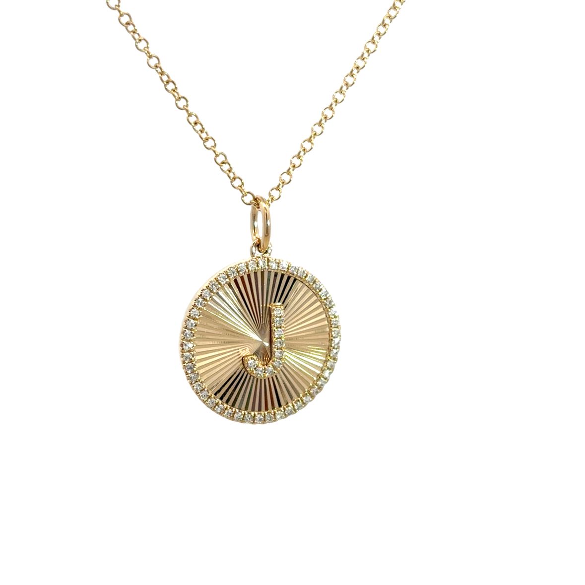 DIAMOND PAVÉ J INITIAL ON TEXTURED COIN WITH DIAMOND HALO NECKLACE SET IN 14K YELLOW GOLD