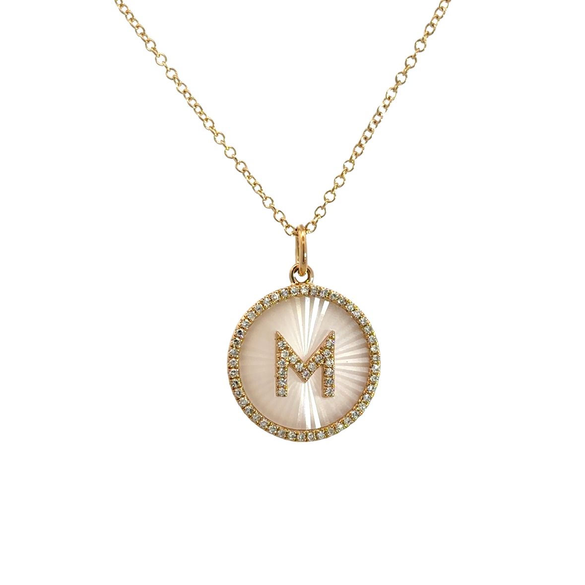 DIAMOND PAVÉ M INITIAL ON MOTHER OF PEARL COIN WITH DIAMOND HALO NECKLACE SET IN 14K YELLOW GOLD