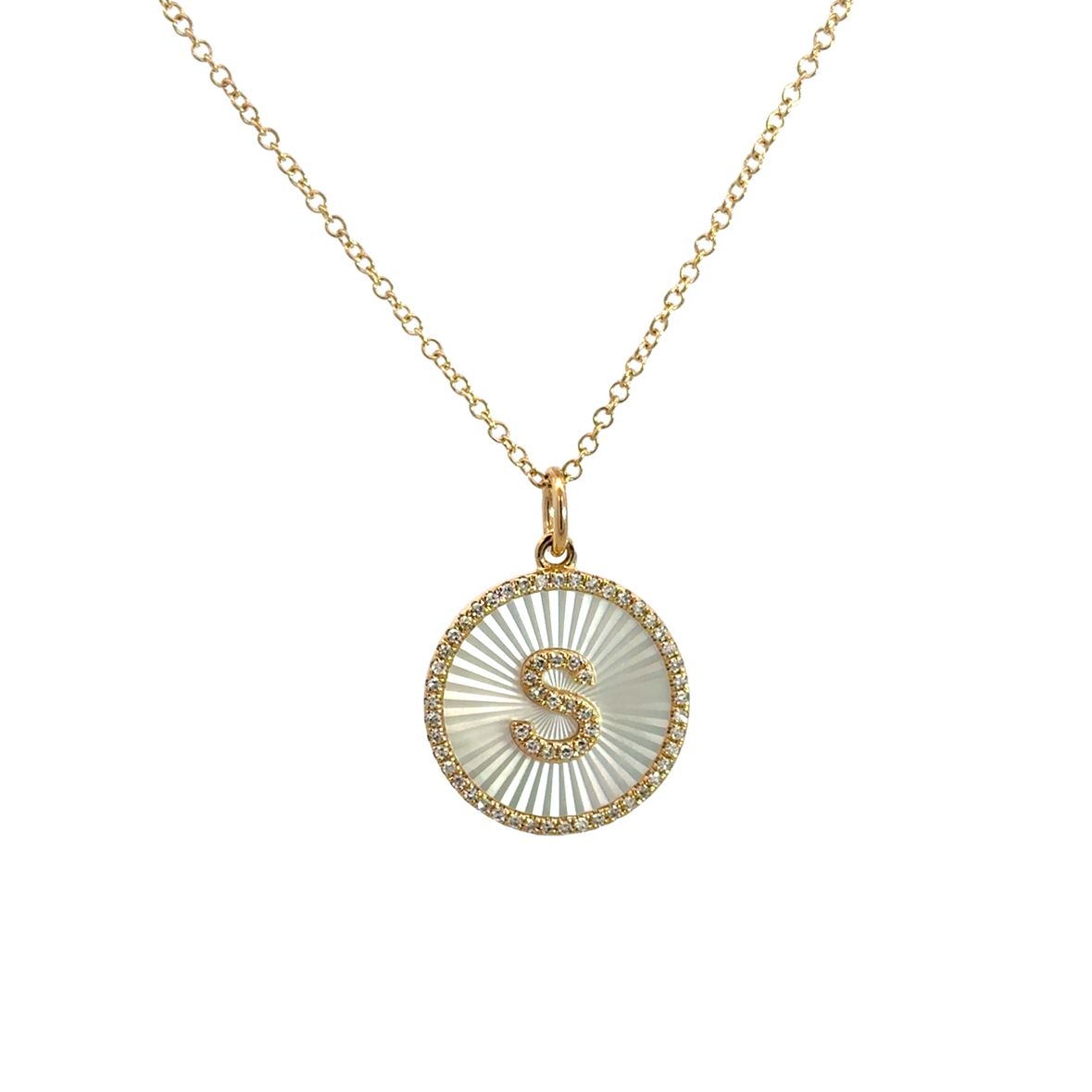 DIAMOND PAVÉ S INITIAL ON MOTHER OF PEARL COIN WITH DIAMOND HALO NECKLACE SET IN 14K YELLOW GOLD