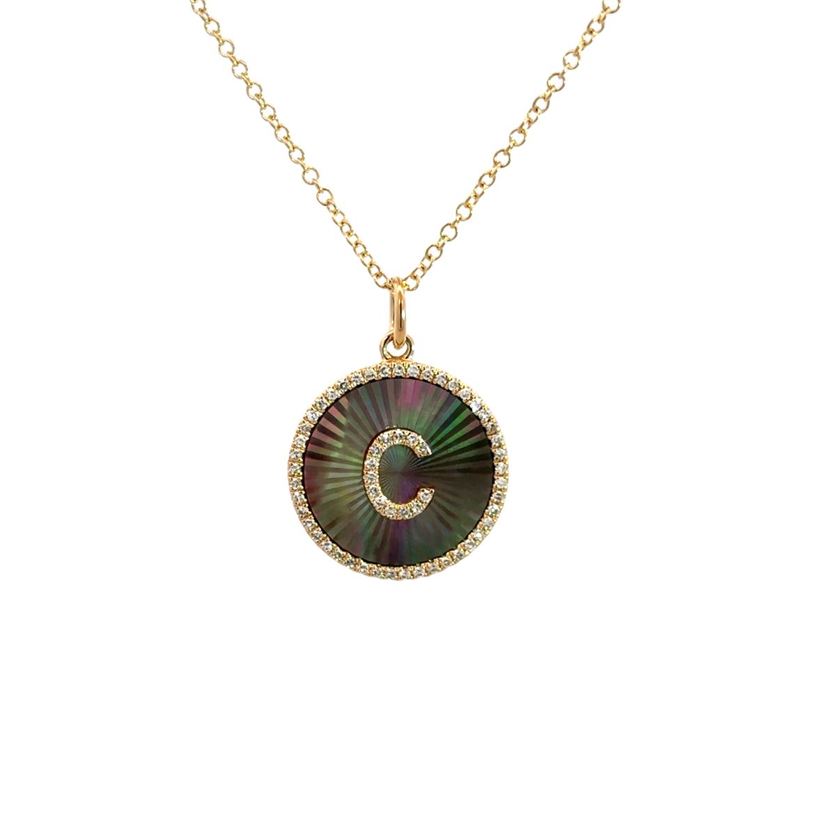 DIAMOND PAVÉ C INITIAL ON BLACK MOTHER OF PEARL COIN WITH DIAMOND HALO NECKLACE SET IN 14K YELLOW GOLD