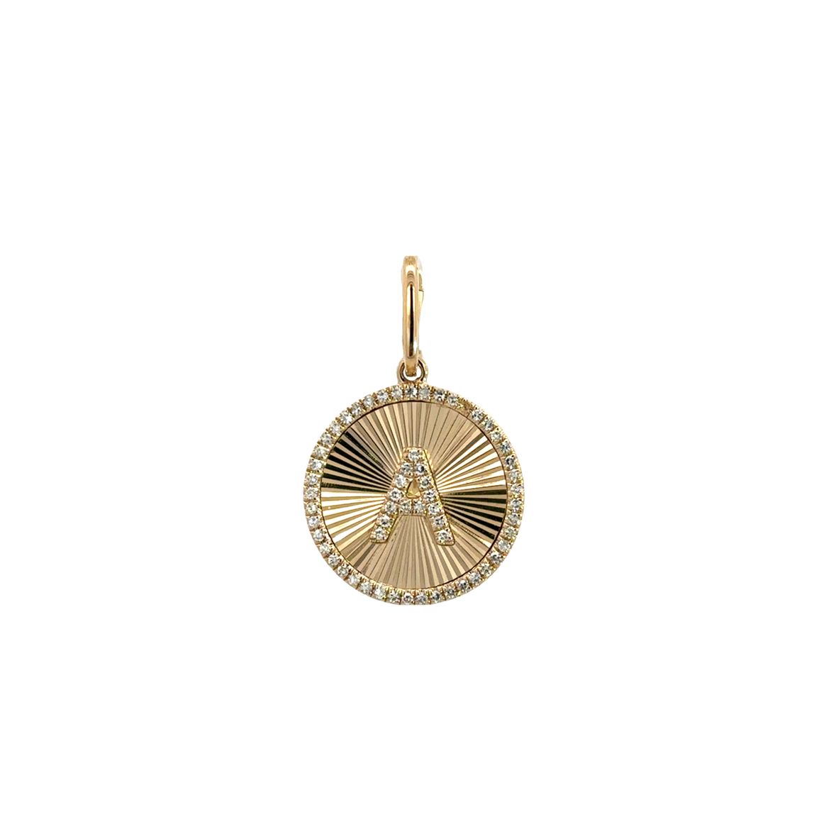 DIAMOND PAVÉ A INITIAL ON TEXTURED COIN WITH DIAMOND HALO CHARM SET IN 14K YELLOW GOLD