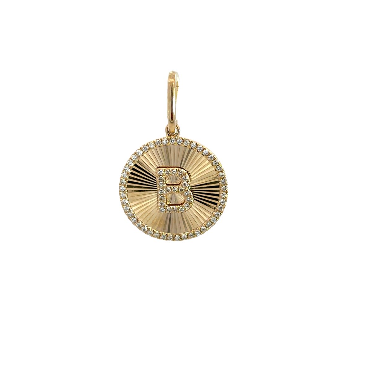 DIAMOND PAVÉ B INITIAL ON TEXTURED COIN WITH DIAMOND HALO CHARM SET IN 14K YELLOW GOLD