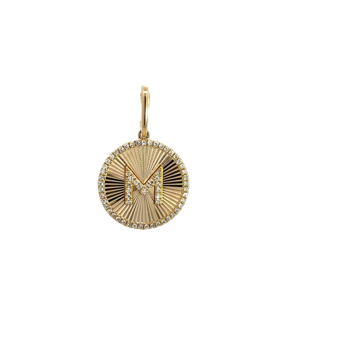 DIAMOND PAVÉ M INITIAL ON TEXTURED COIN WITH DIAMOND HALO CHARM SET IN 14K YELLOW GOLD