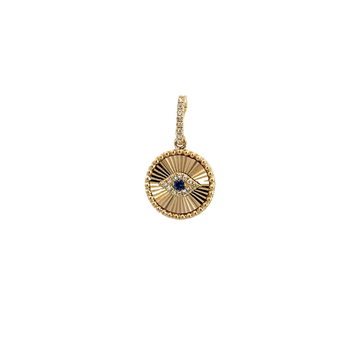 BLUE SAPPHIRE EVIL EYE WITH DIAMOND PAVÉ CHARM SET IN 14K YELLOW GOLD