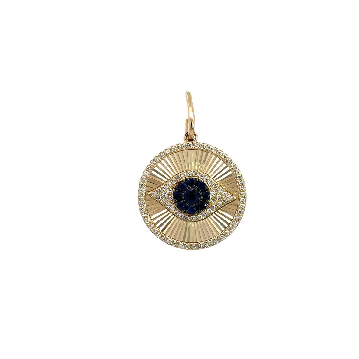 BLUE SAPPHIRE AND DIAMOND PAVÉ EVIL EYE COIN WITH DIAMOND HALO CHARM SET IN 14K YELLOW GOLD