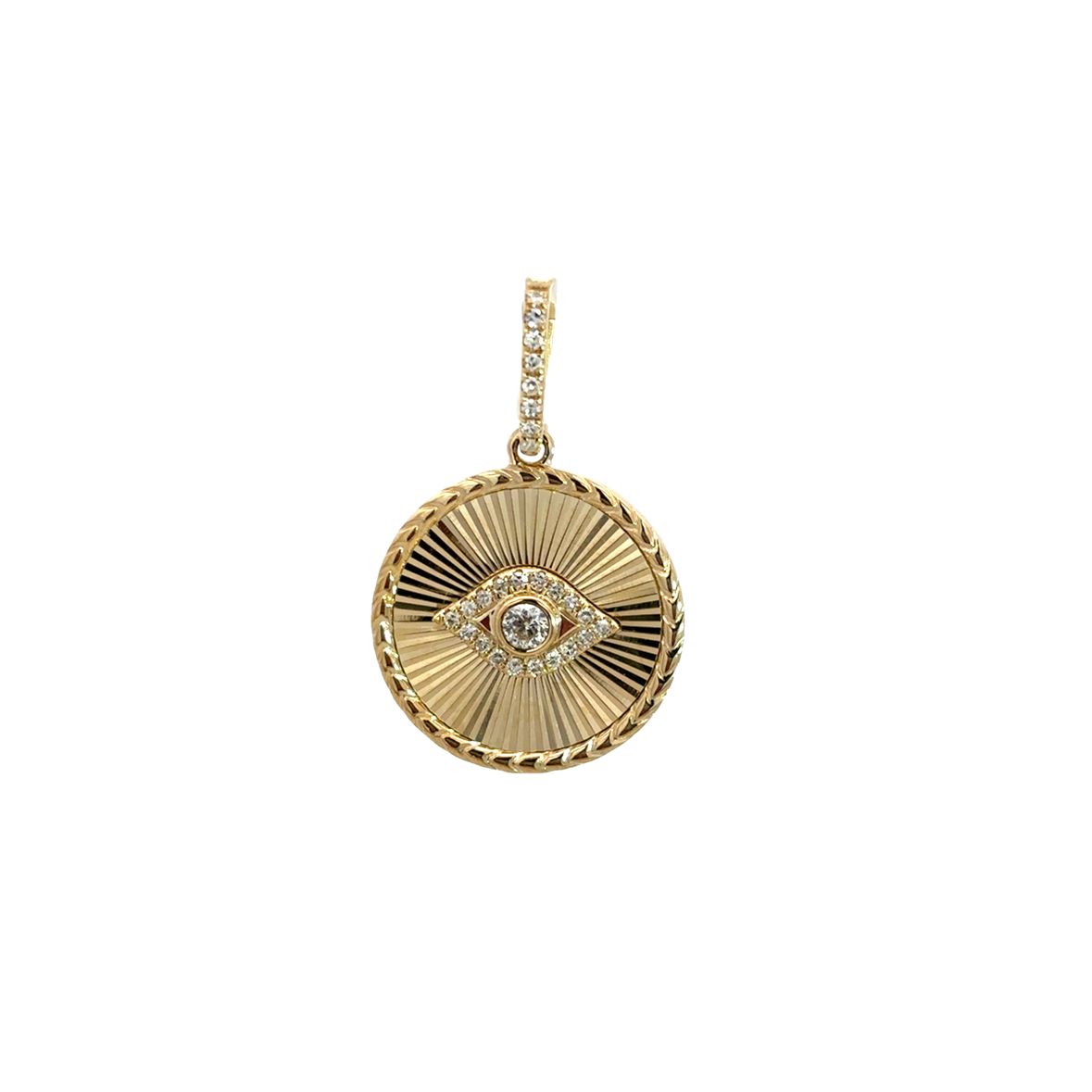 DIAMOND EVIL EYE ON SMALL TEXTURED COIN CHARM SET IN 14K YELLOW GOLD