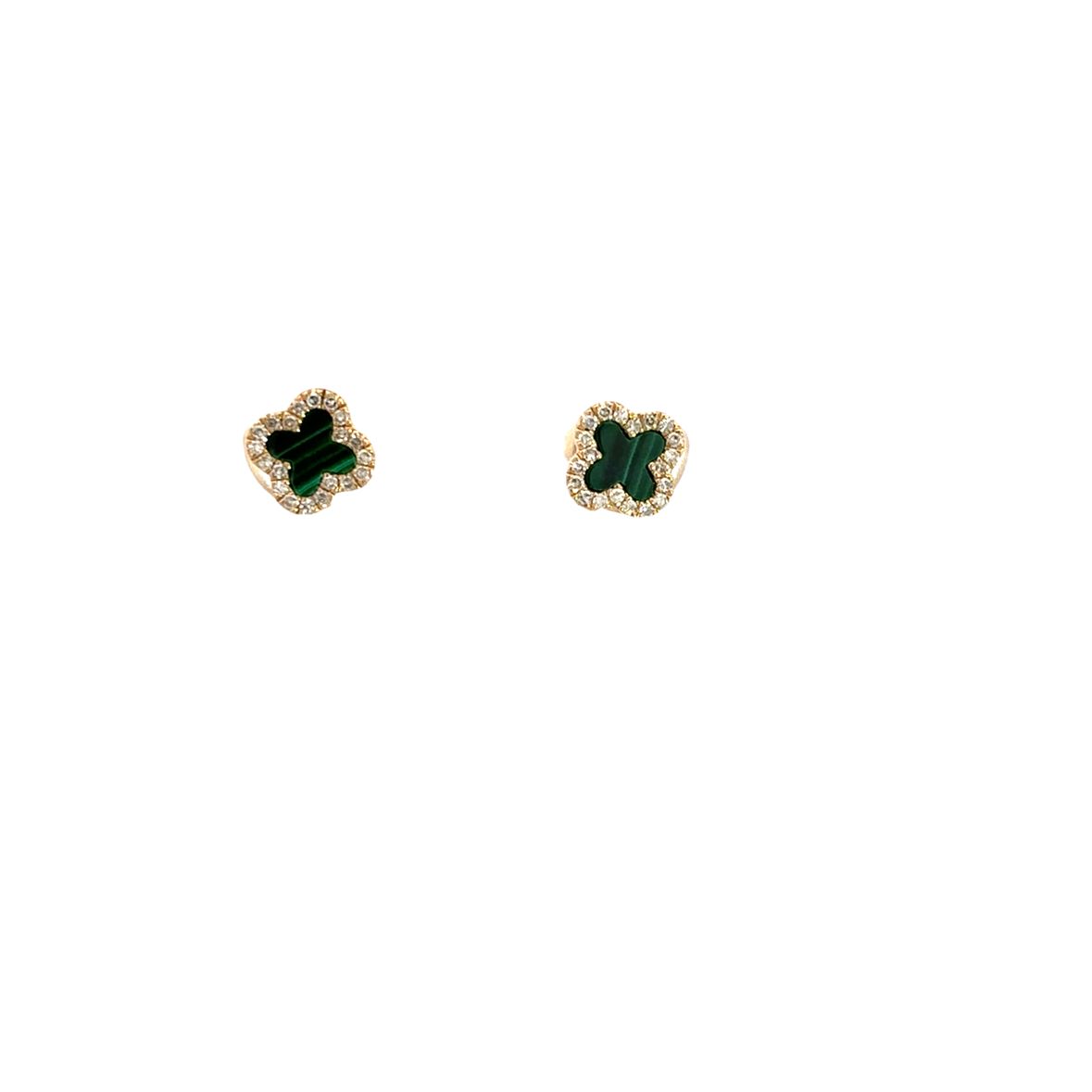 MALACHITE MINI CLOVER EARRINGS WITH DIAMOND HALO SET IN 14K YELLOW GOLD