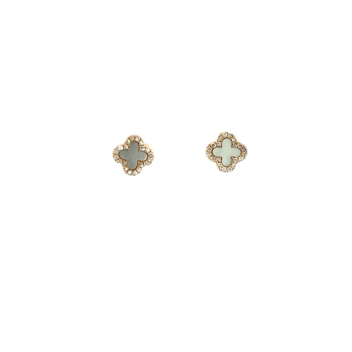 MOTHER OF PEARL MINI CLOVER EARRINGS WITH DIAMOND HALO SET IN 14K YELLOW GOLD