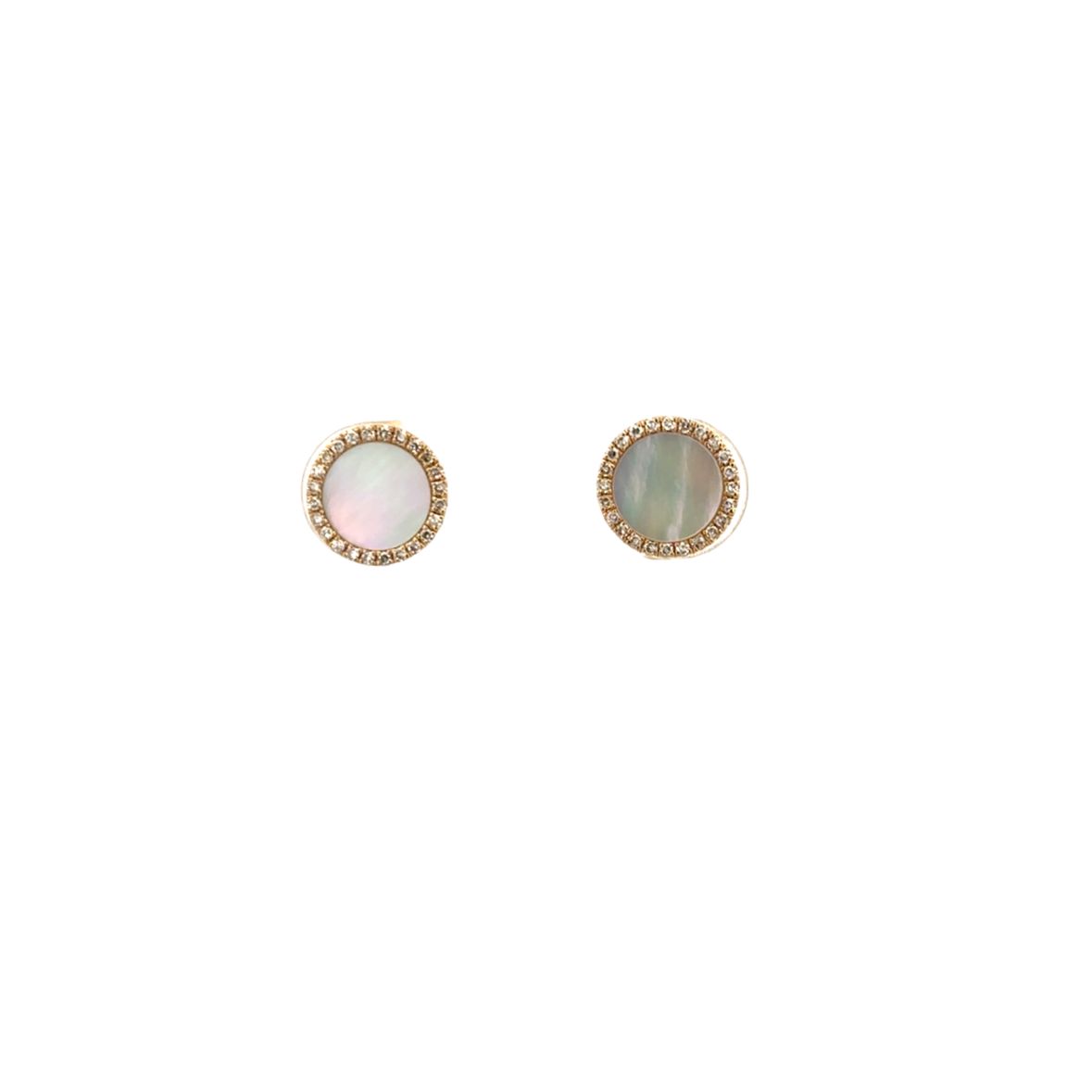 MOTHER OF PEARL CIRCLE EARRINGS WITH DIAMOND HALO SET IN 14K YELLOW GOLD