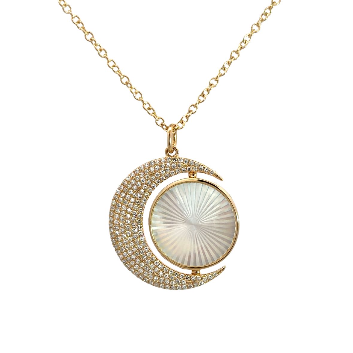 DIAMOND PAVÉ MOON AND MOTHER OF PEARL SUN NECKLACE SET IN 14K YELLOW GOLD