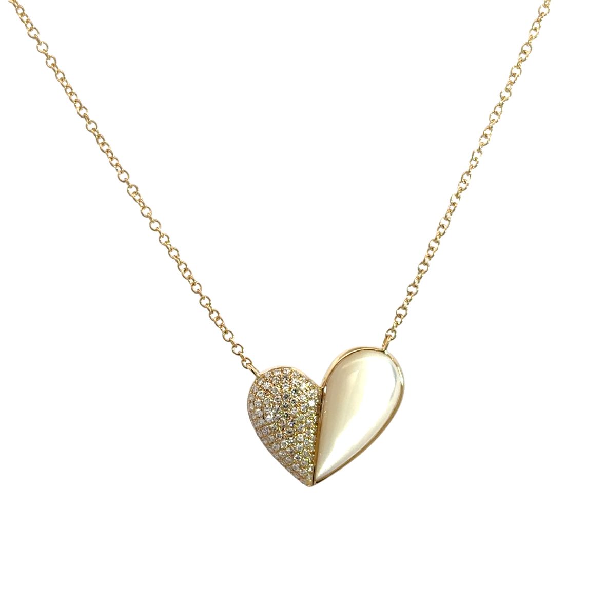 DIAMOND PAVÉ AND MOTHER OF PEARL HALF HEART NECKLACE SET IN 14K YELLOW GOLD