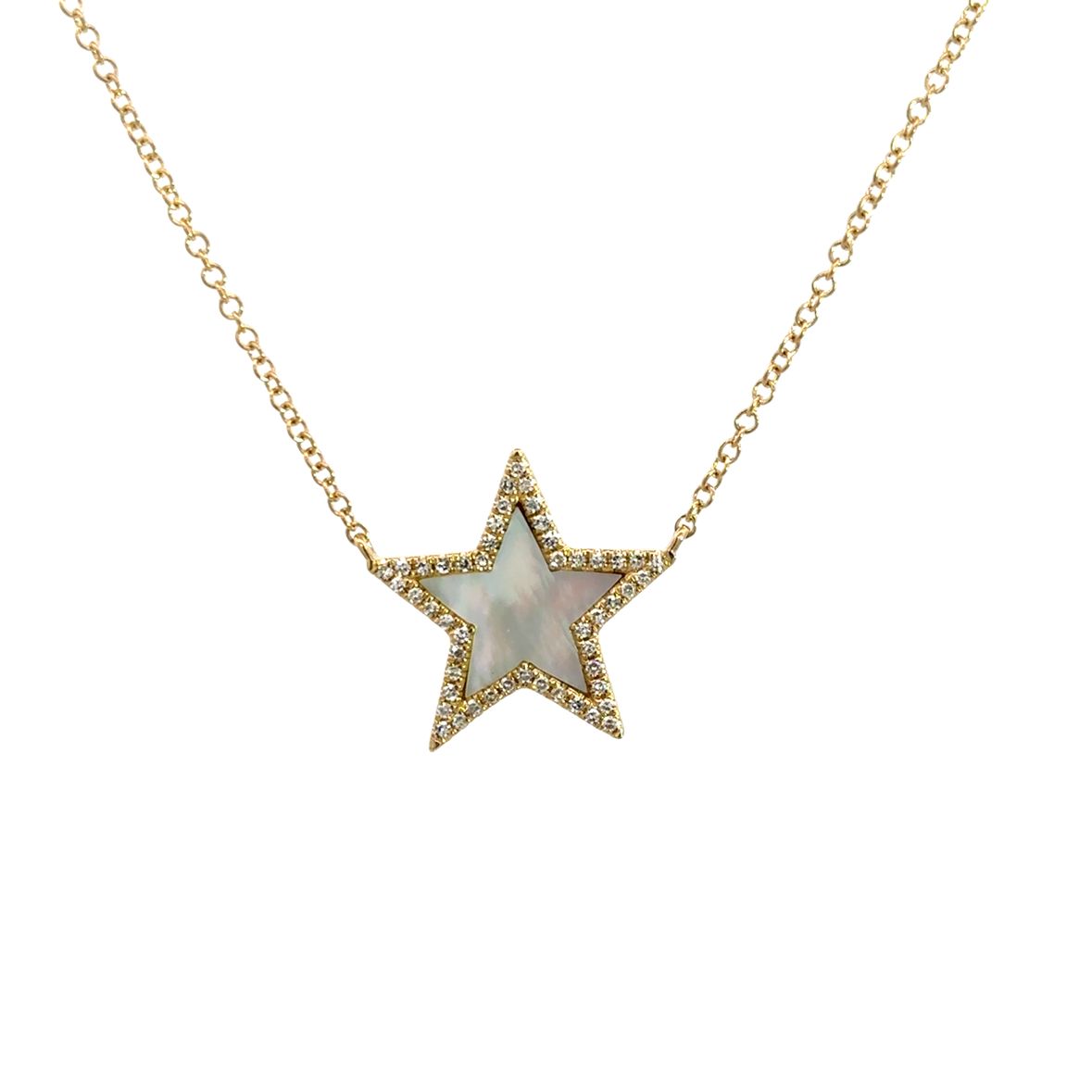 MOTHER OF PEARL STAR WITH DIAMOND HALO NECKLACE SET IN 14K YELLOW GOLD