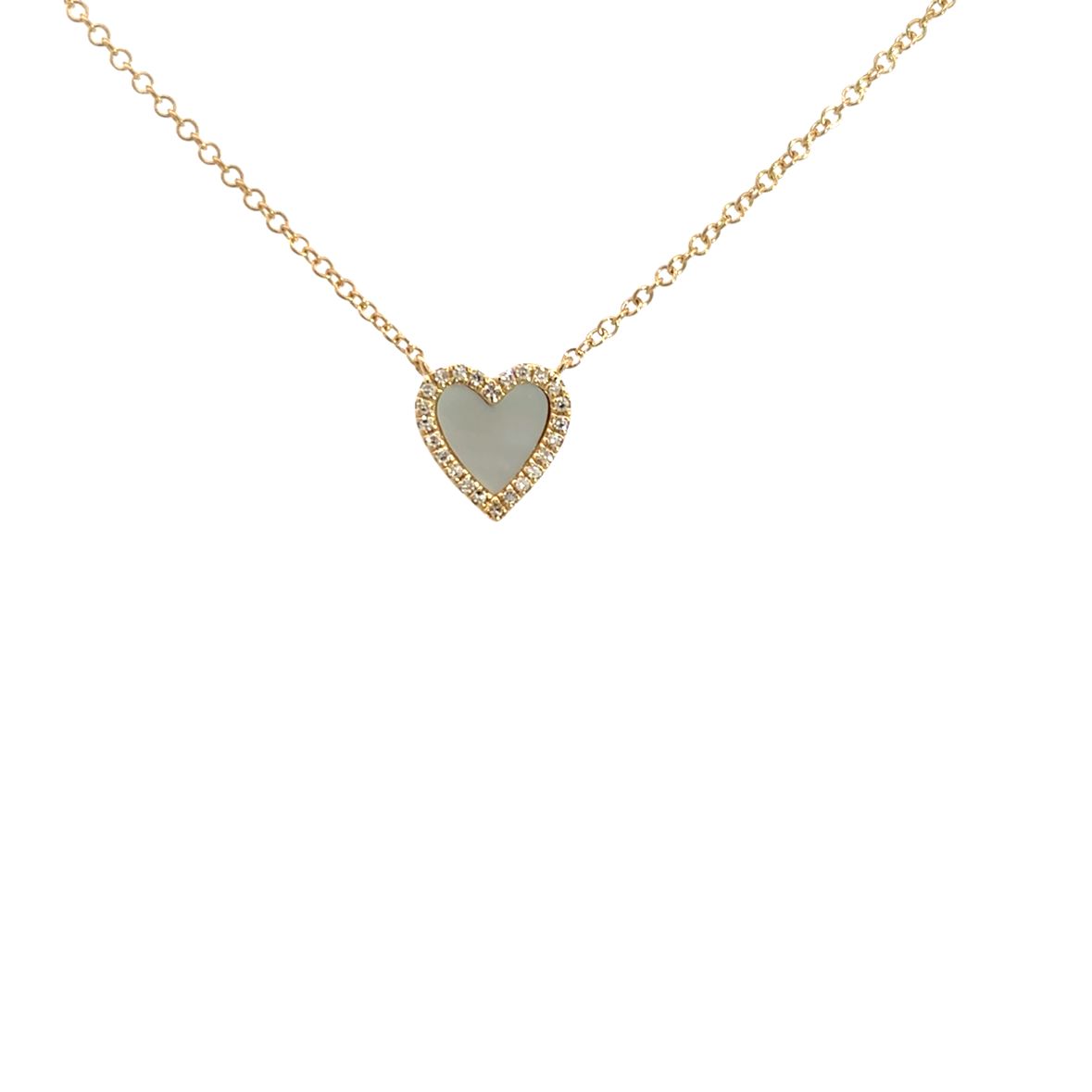 MOTHER OF PEARL HEART WITH DIAMOND HALO NECKLACE SET IN 14K YELLOW GOLD