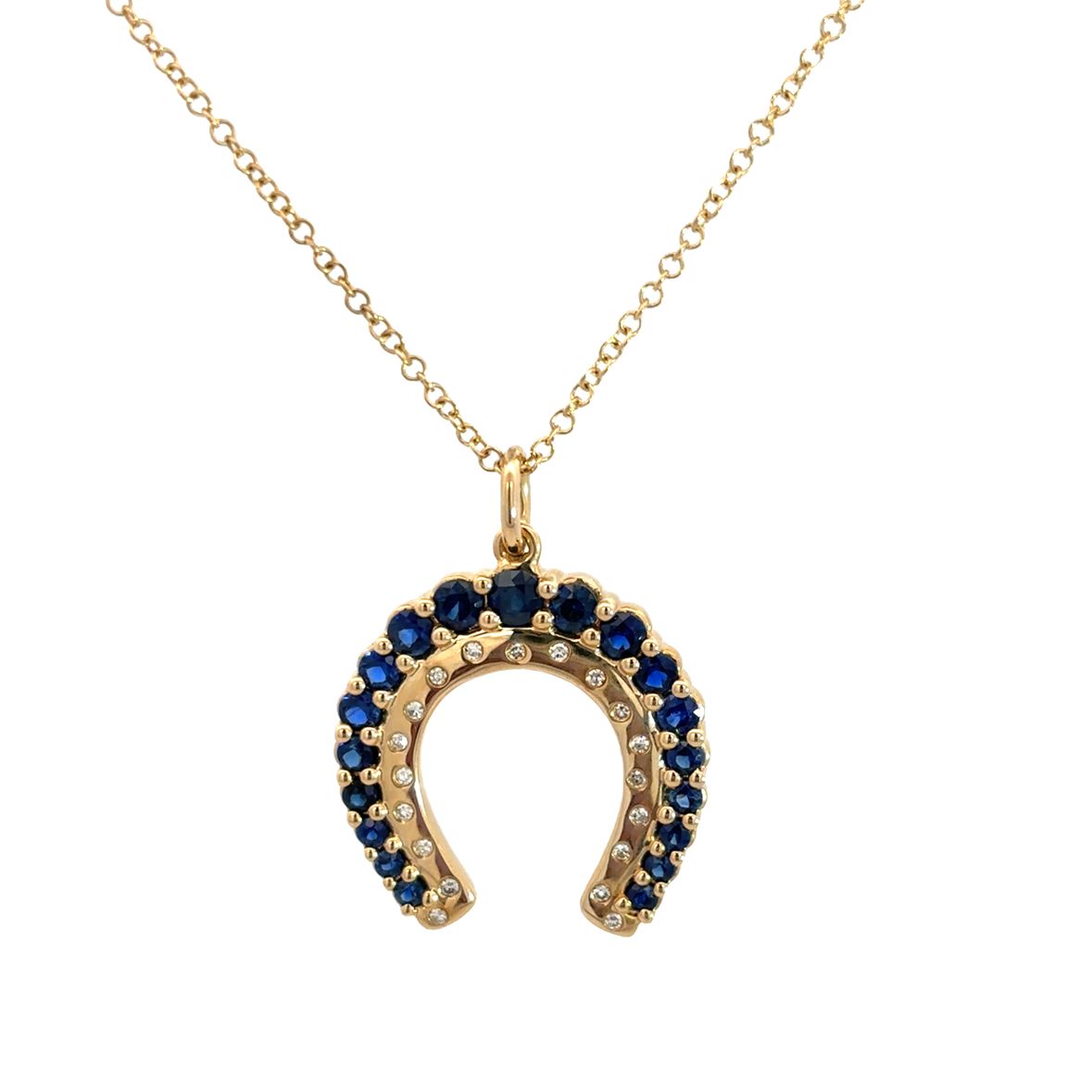 BLUE SAPPHIRE AND DIAMOND BIG HORSESHOE NECKLACE SET IN 14K YELLOW GOLD