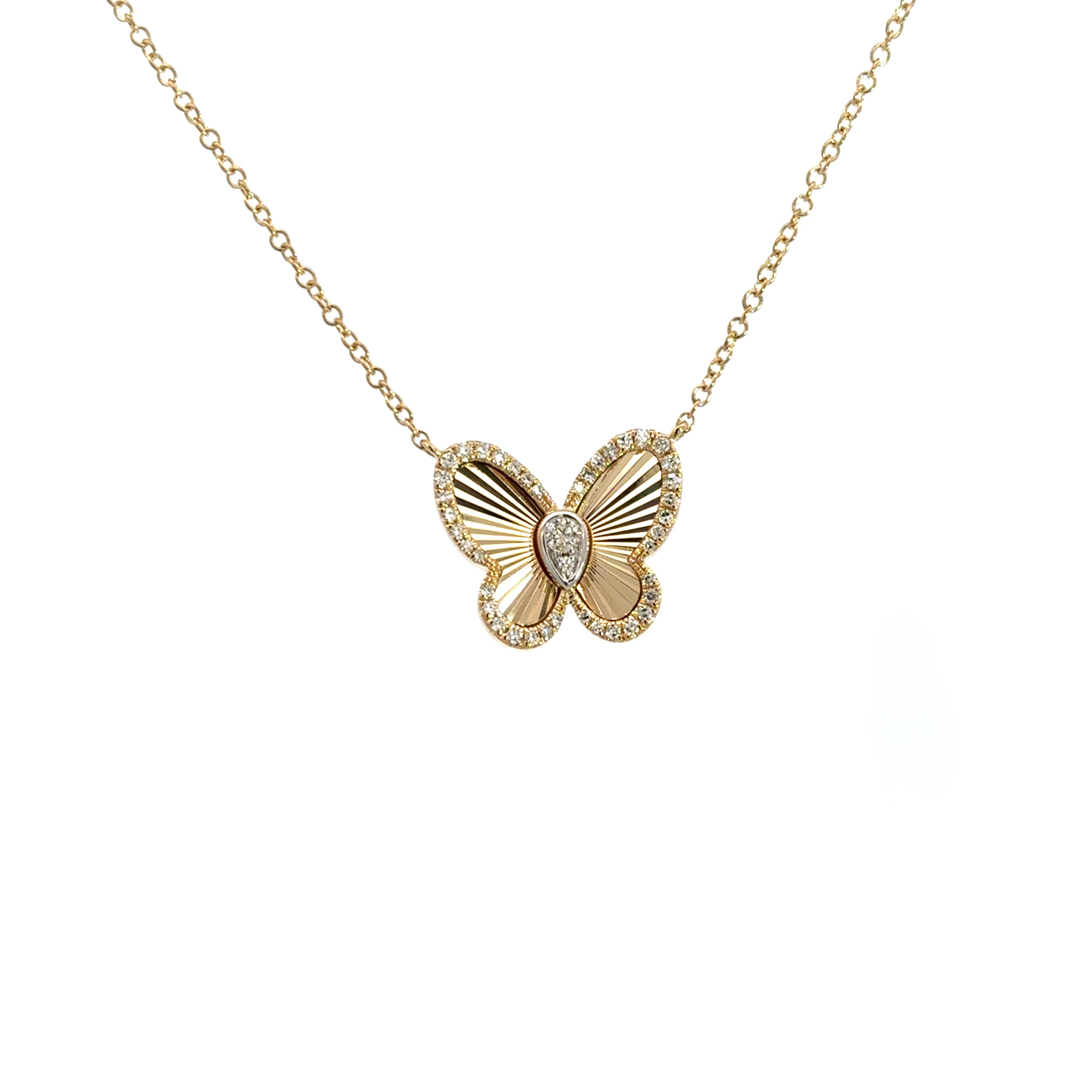 TEXTURED BUTTERFLY WITH DIAMONDS NECKLACE SET IN 14K YELLOW GOLD