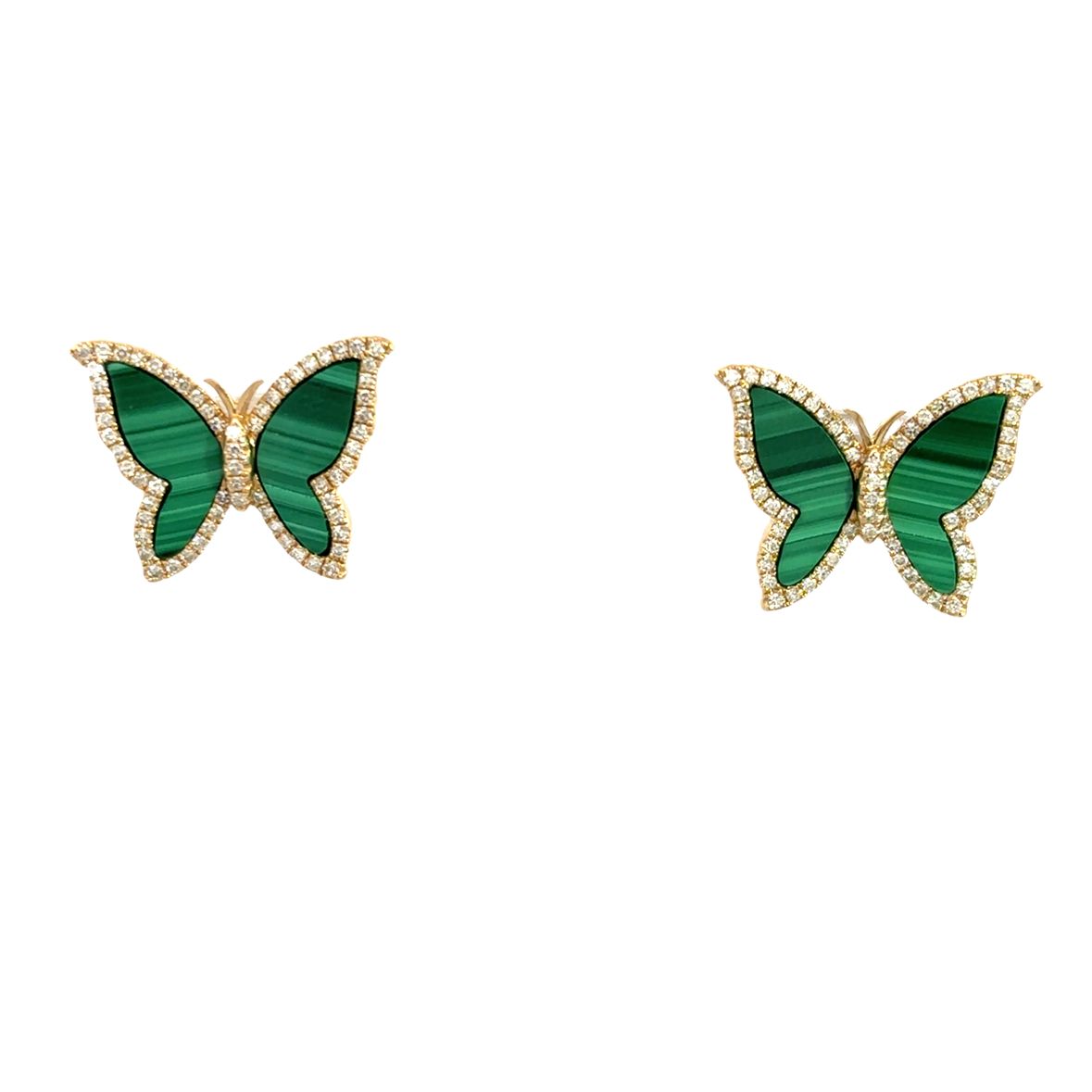 MALACHITE AND DIAMOND BUTTERFLY EARRINGS SET IN 14K YELLOW GOLD