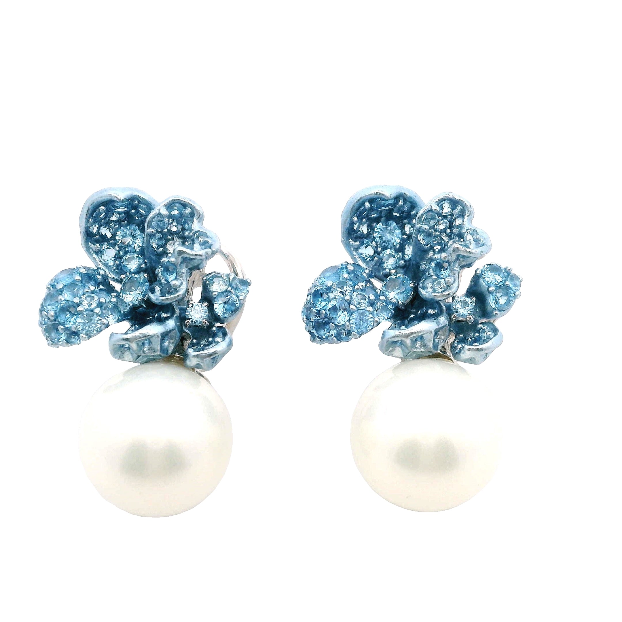 925SL FLOWER BLUE PERL AND BLUE TOPAZ EARRINGS