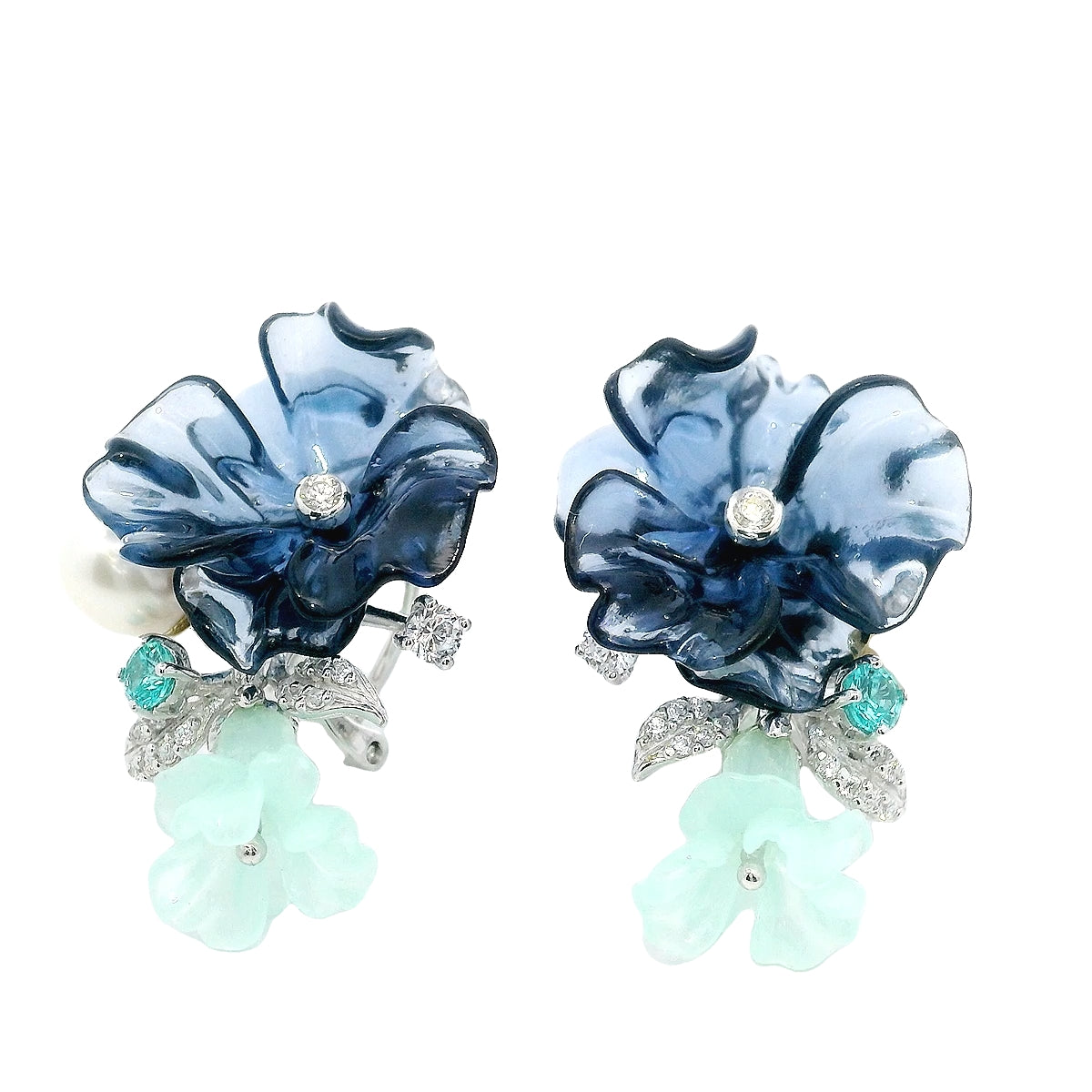 925SL CARVED ACRYLIC BLUE FLOWER TRANSLUCENT EARRINGS