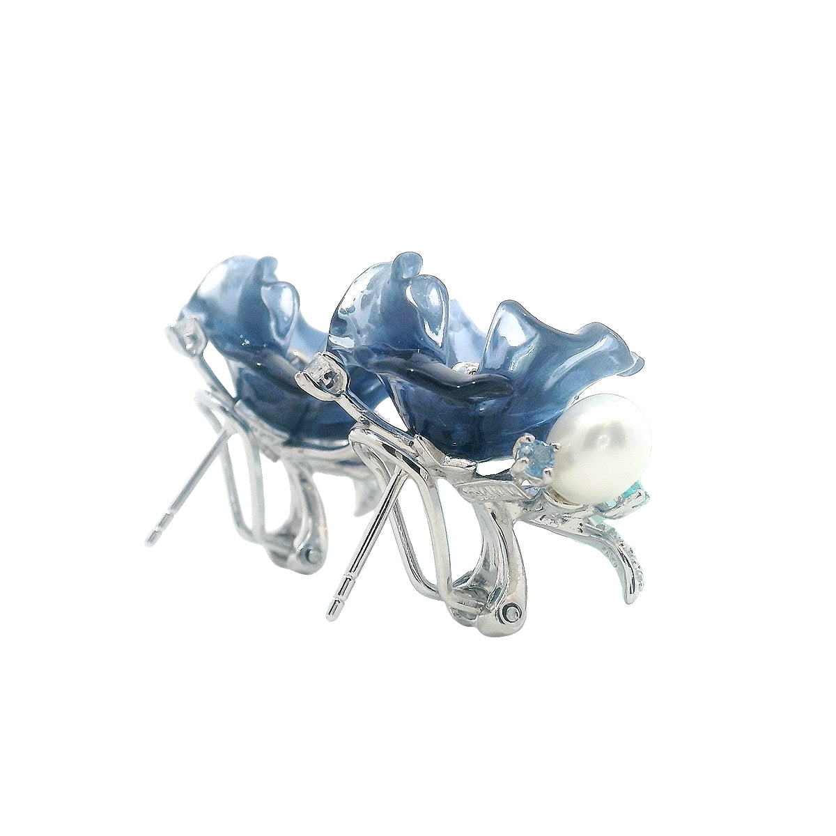 925SL CARVED ACRYLIC BLUE FLOWER TRANSLUCENT EARRINGS