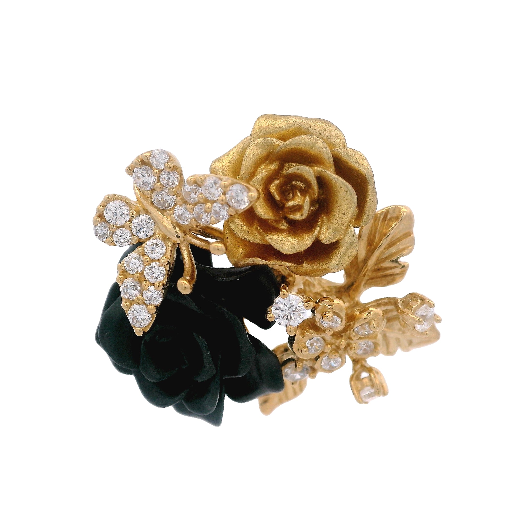 925YG DOUBLE FLOWER BLACK AND GOLD WITH BUTTERFLY PENDANT