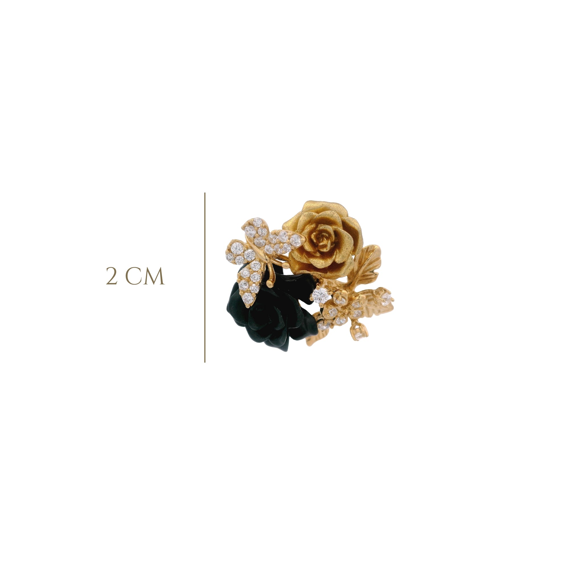 925YG DOUBLE FLOWER BLACK AND GOLD WITH BUTTERFLY PENDANT
