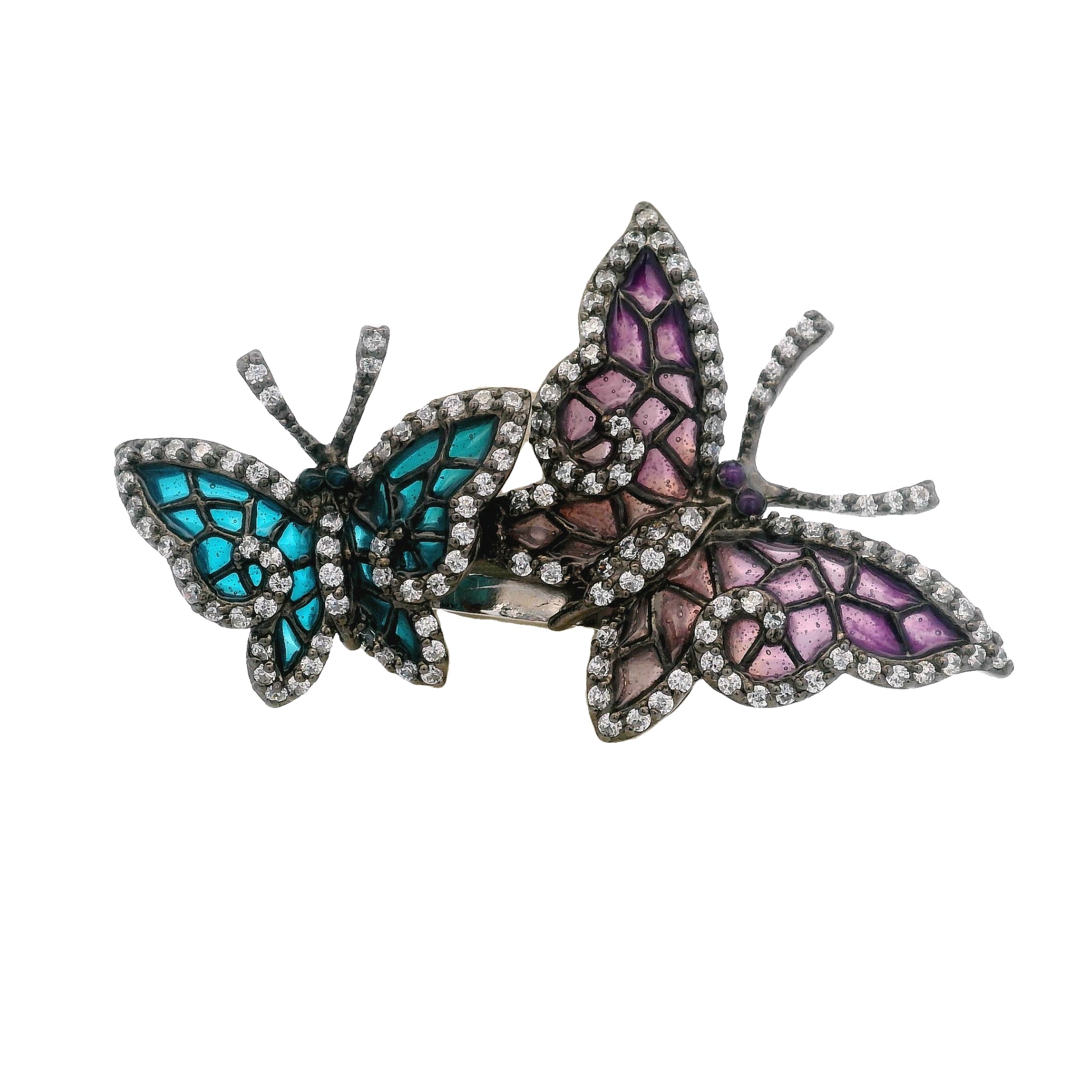 925SL DOUBLE BUTTERFLY AQUA AND PURPLE CZ RING T7