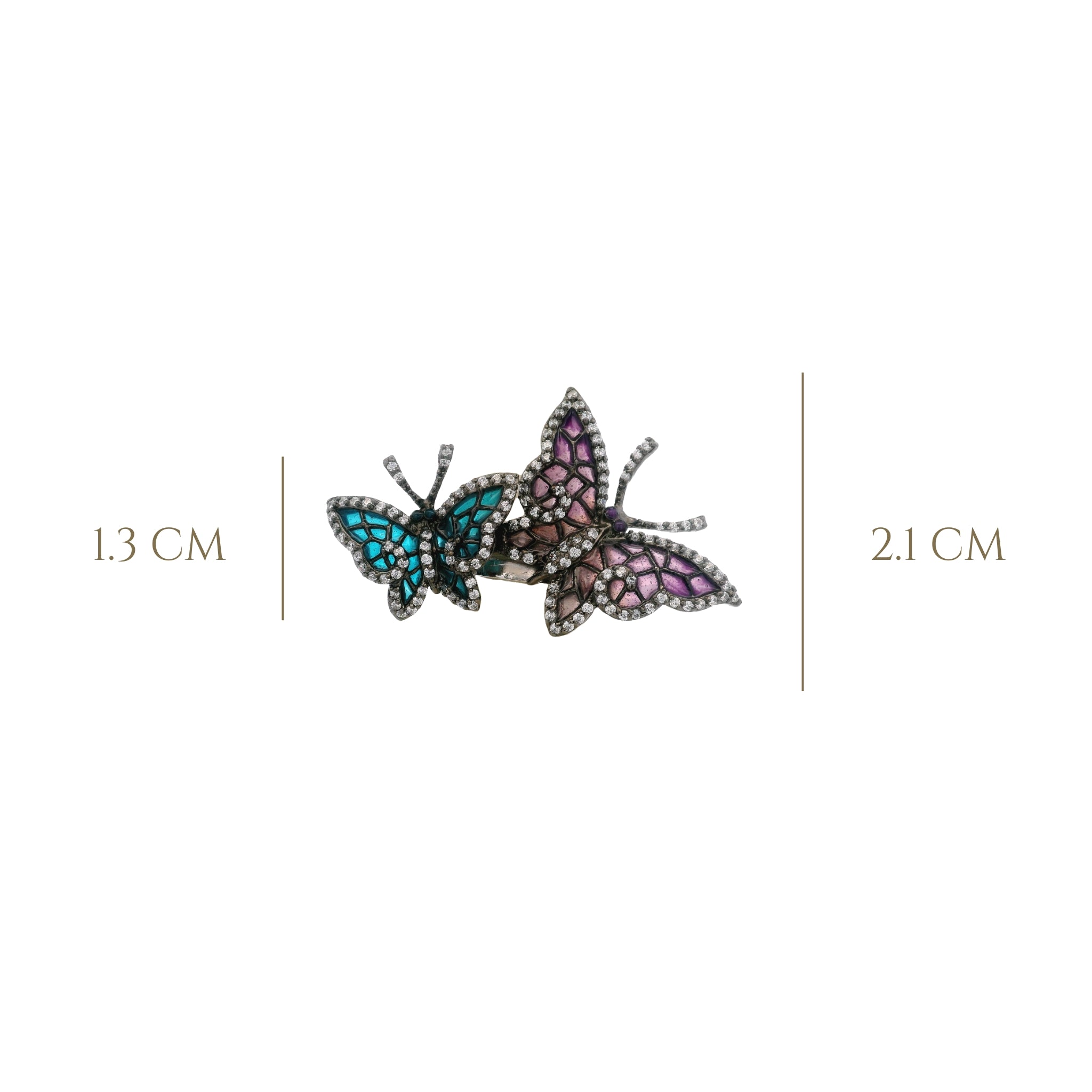 925SL DOUBLE BUTTERFLY AQUA AND PURPLE CZ RING T7