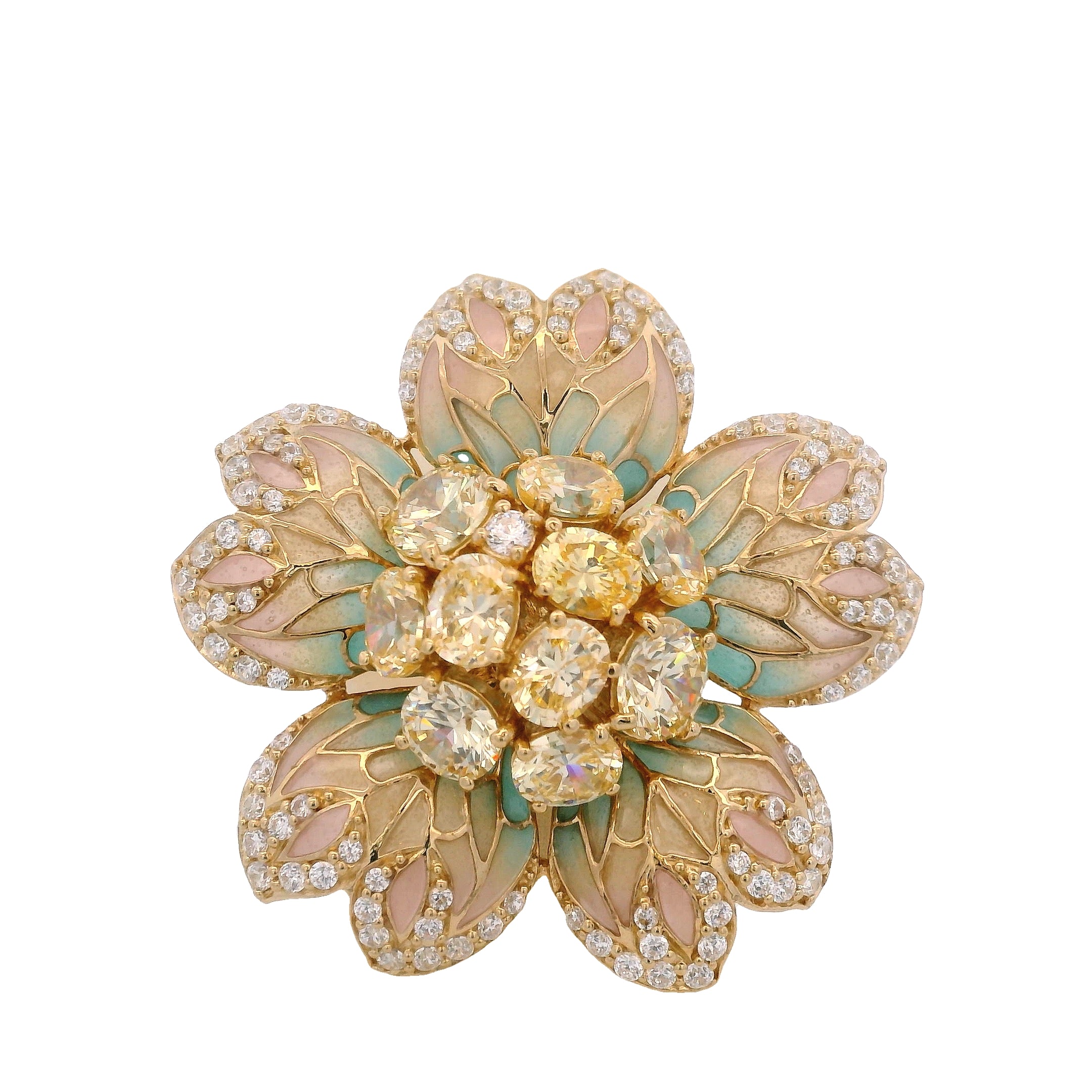 925YG BIG FLOWER ENAMEL TURQUESA PINK CENTER CZ RING T8