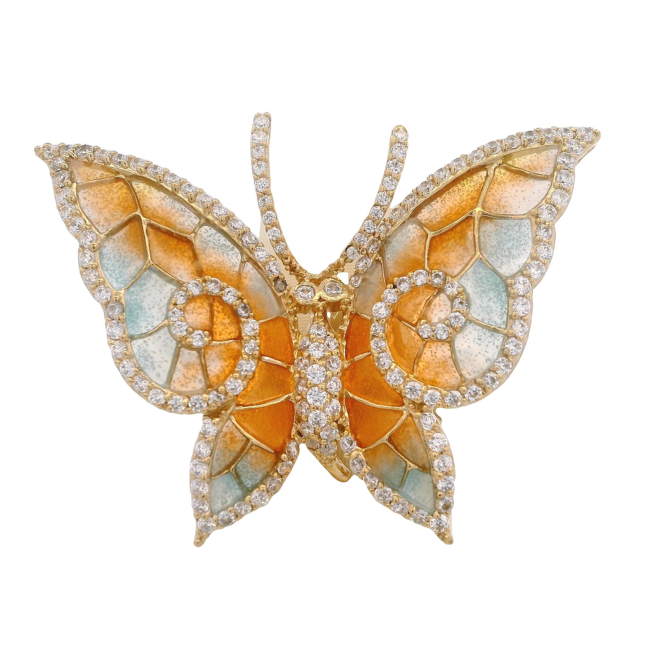 925YG BIG BUTTERFLY ENAMEL TURQUESA ORAGE CZ RING T7