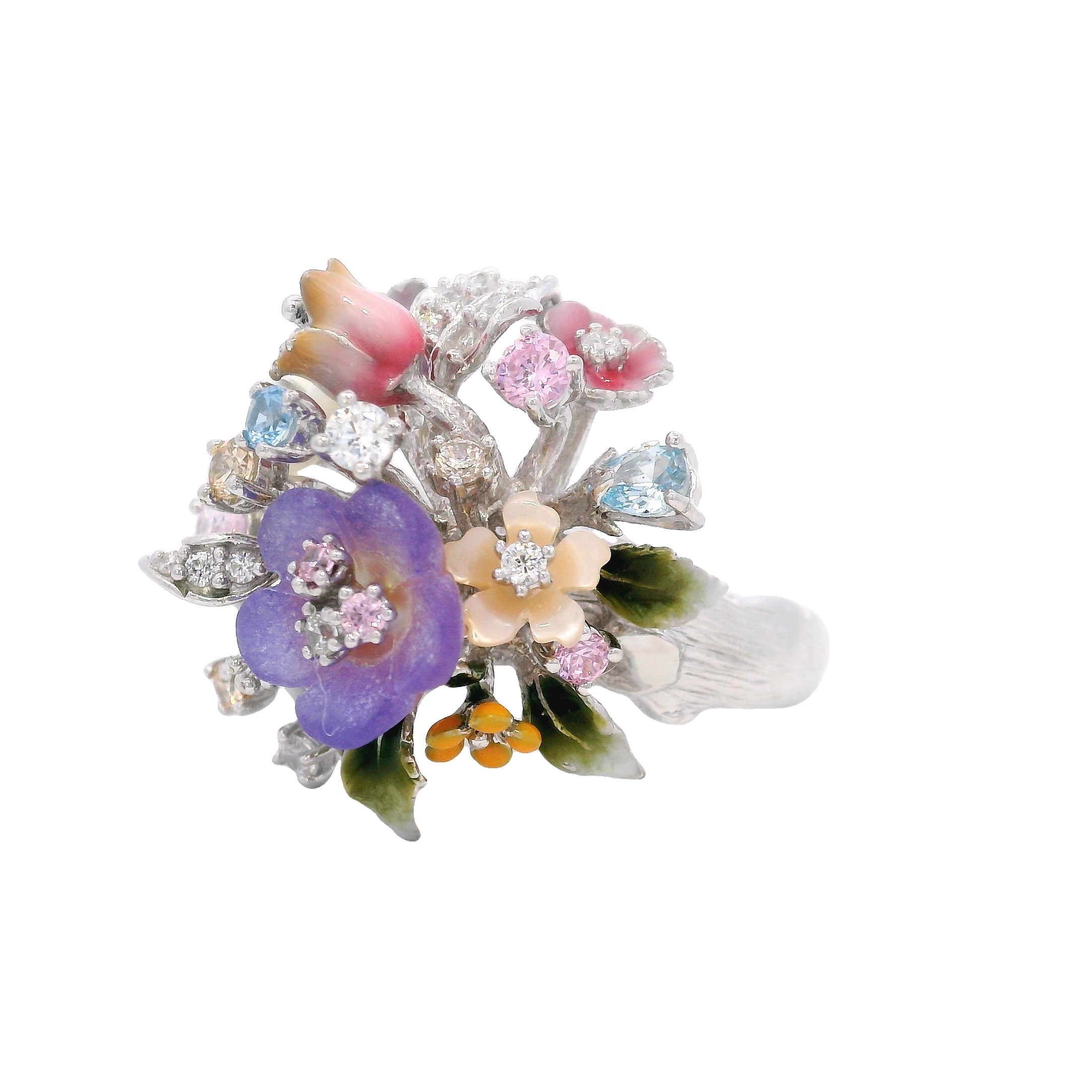 925SL CLUSTER FLOWER MIX STONE RING T8