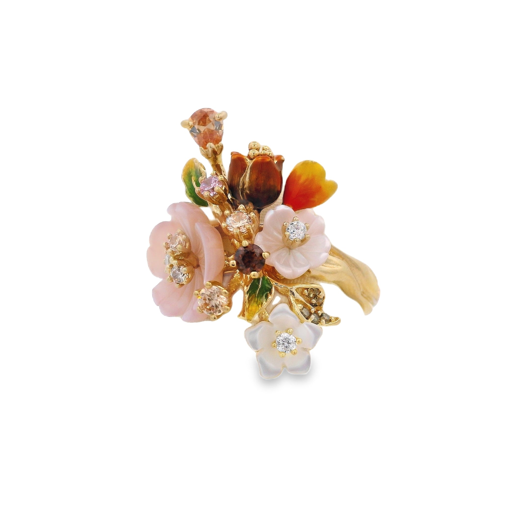 925YG FLOWERS PINK WHITE CHAMPANGE OLIVE RING T7