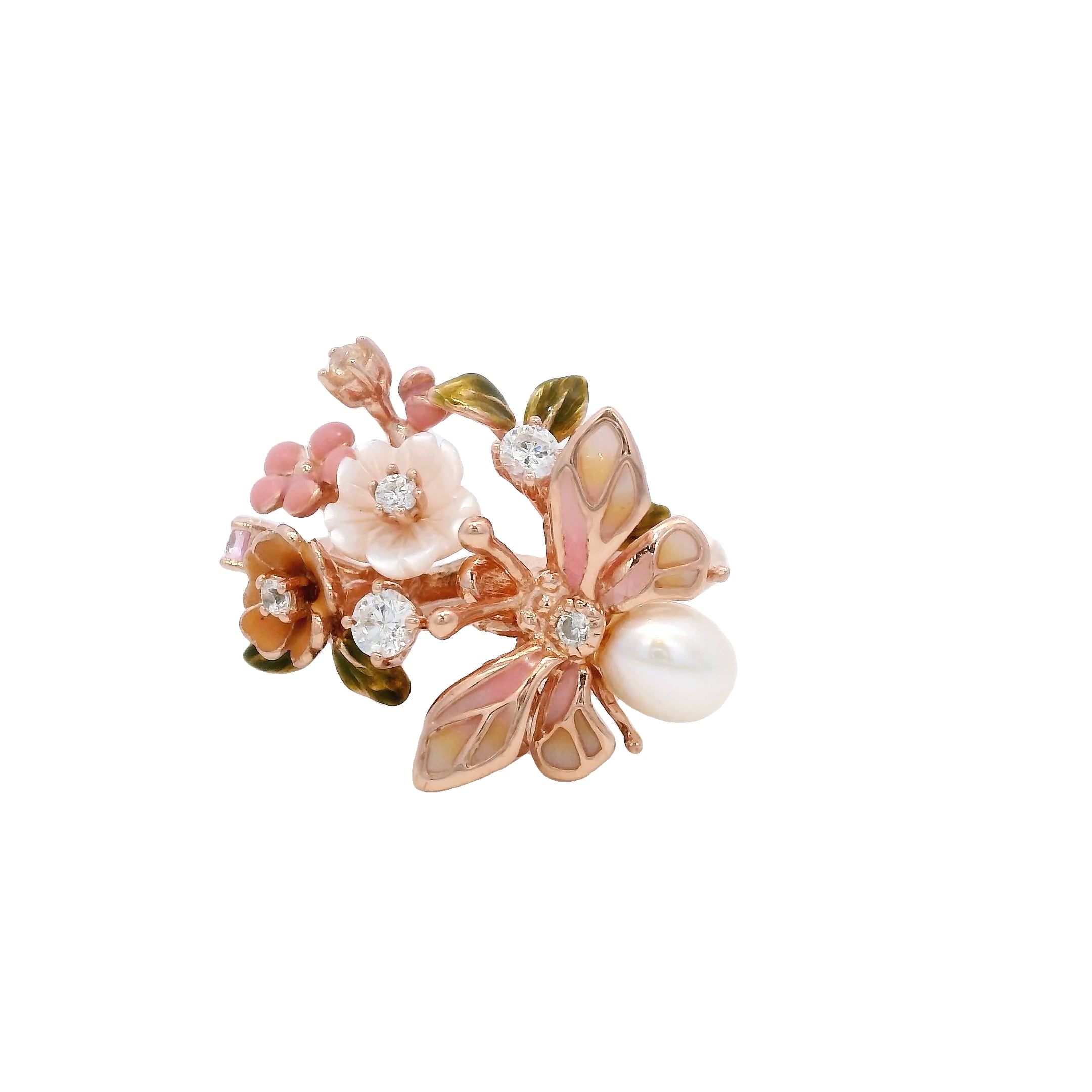 925RG TRIPLE FLOWER AND BEE PEARL RING T8