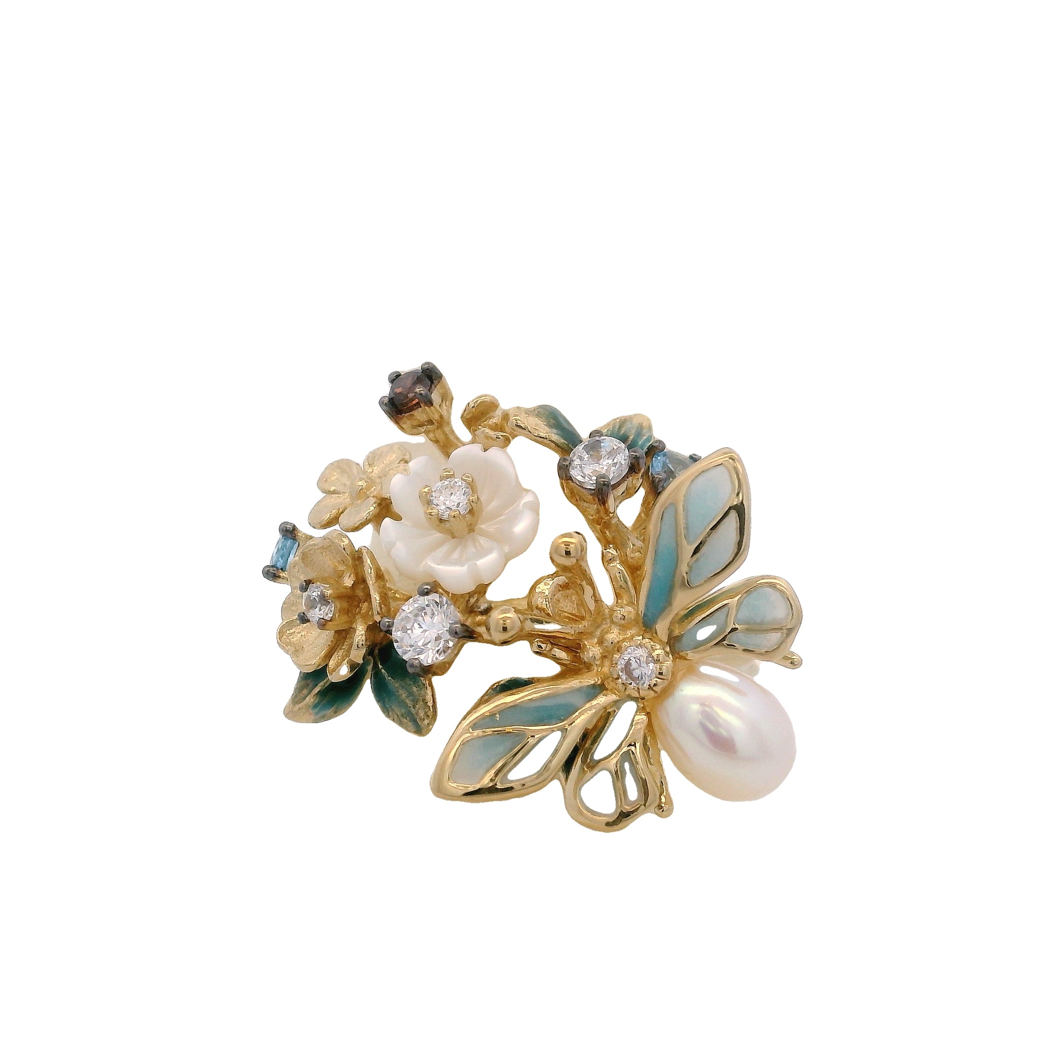 925YG FLOWER AND BUTTERFLY SKY BLUE AND PEARL RING T7