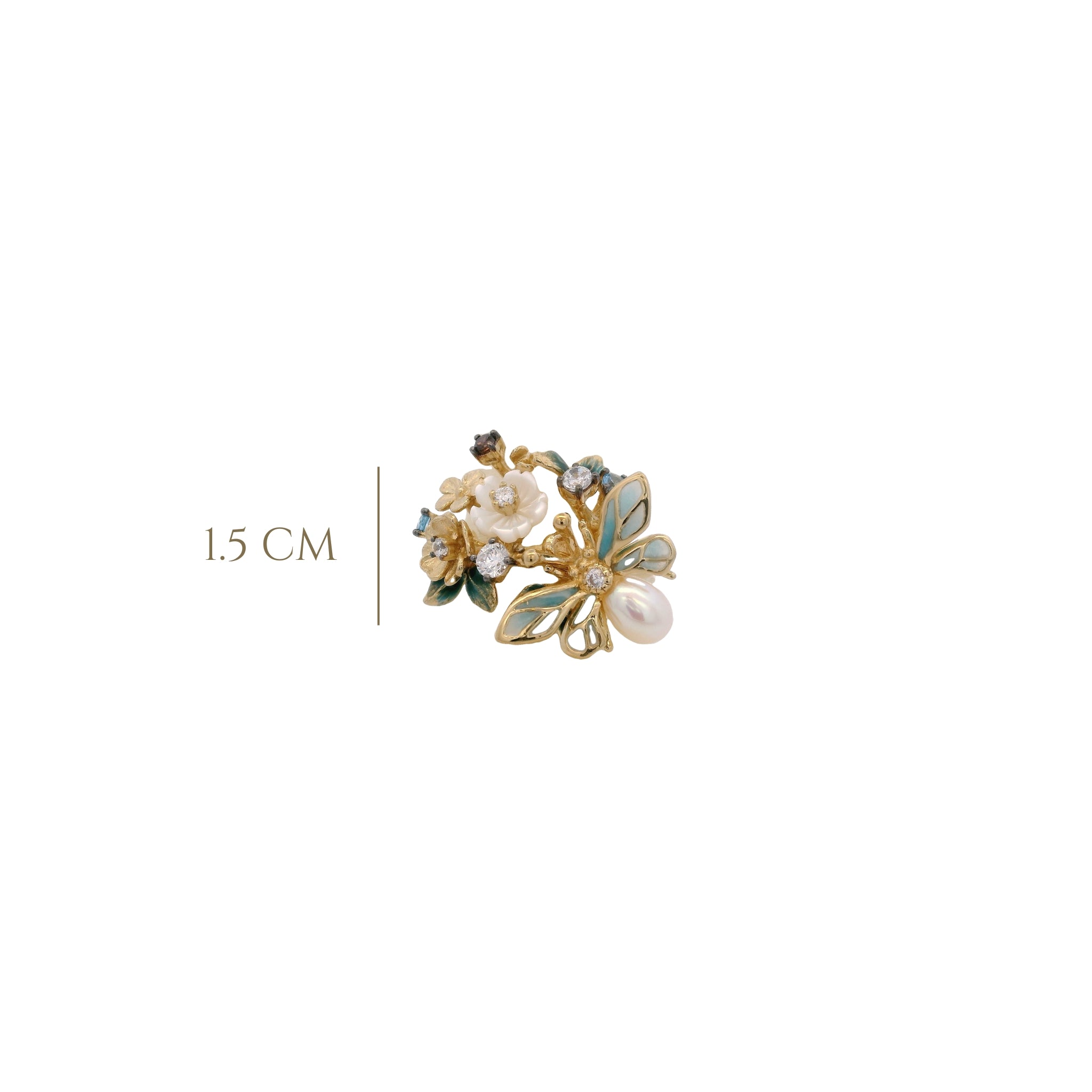 925YG FLOWER AND BUTTERFLY SKY BLUE AND PEARL RING T7
